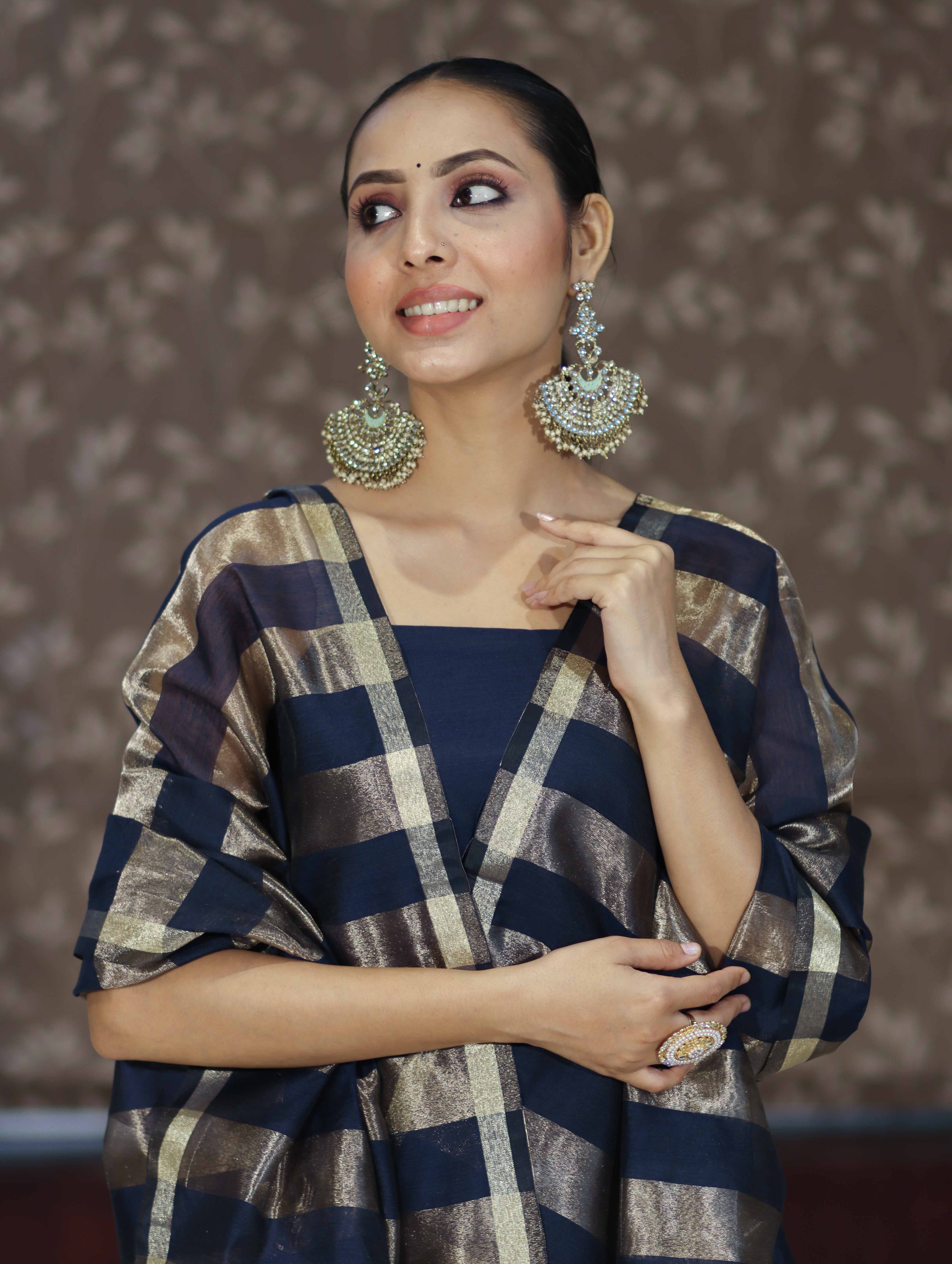 Banarasee Cotton Silk Stripe Pattern Salwar Kameez Fabric With Dupatta Set-Navy Blue