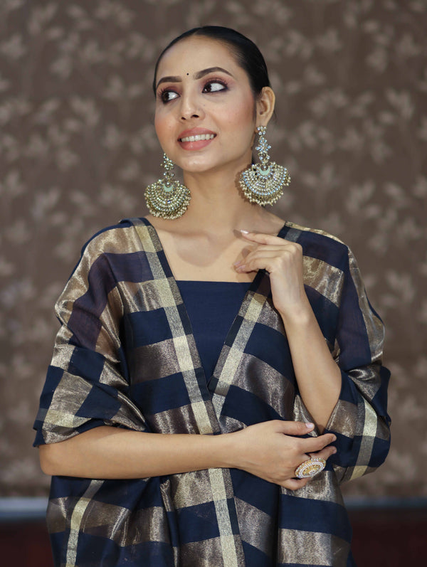 Banarasee Cotton Silk Stripe Pattern Salwar Kameez Fabric With Dupatta Set-Navy Blue