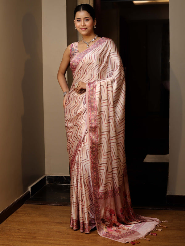 Banarasee Handwoven Satin Zigzag Printed Saree-Pastel Peach