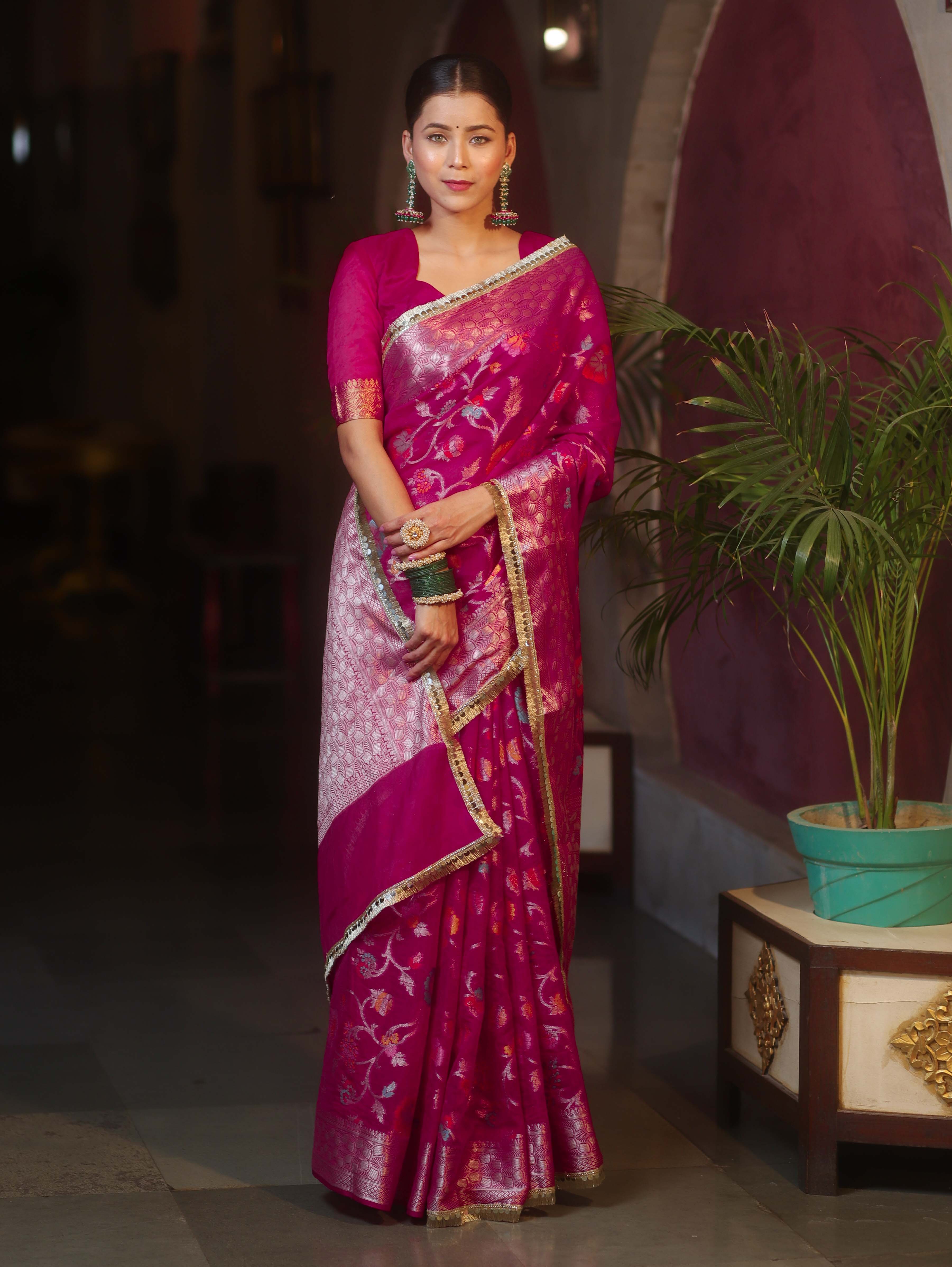 Banarasee Semi-Georgette Saree Meena Jaal Design With Zari Border Design-Pink