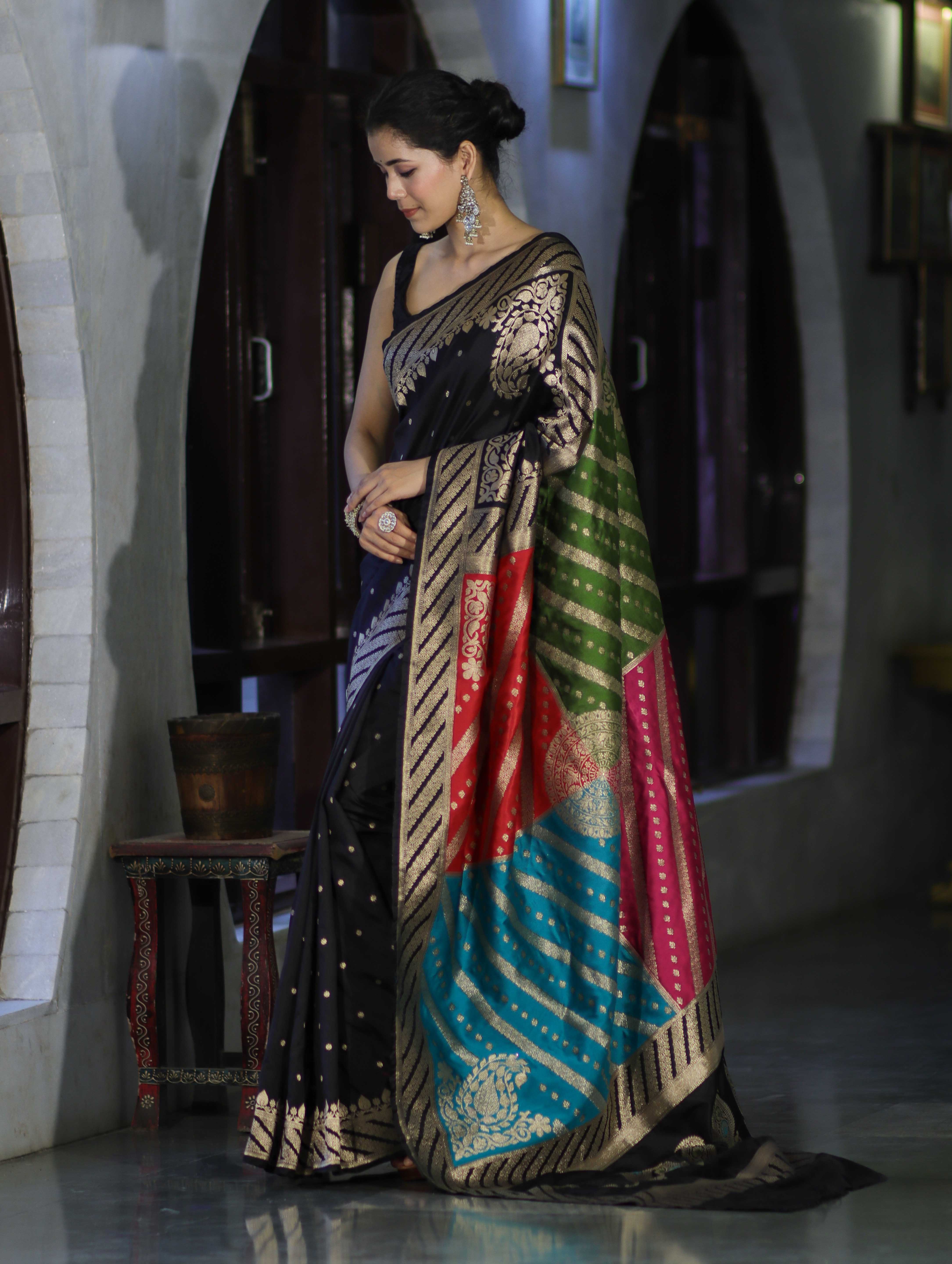 Banarasee Semi Katan Saree With Buti Design & Zari Woven Multicolor Pallu-Black