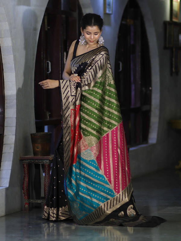 Banarasee Semi Katan Saree With Buti Design & Zari Woven Multicolor Pallu-Black