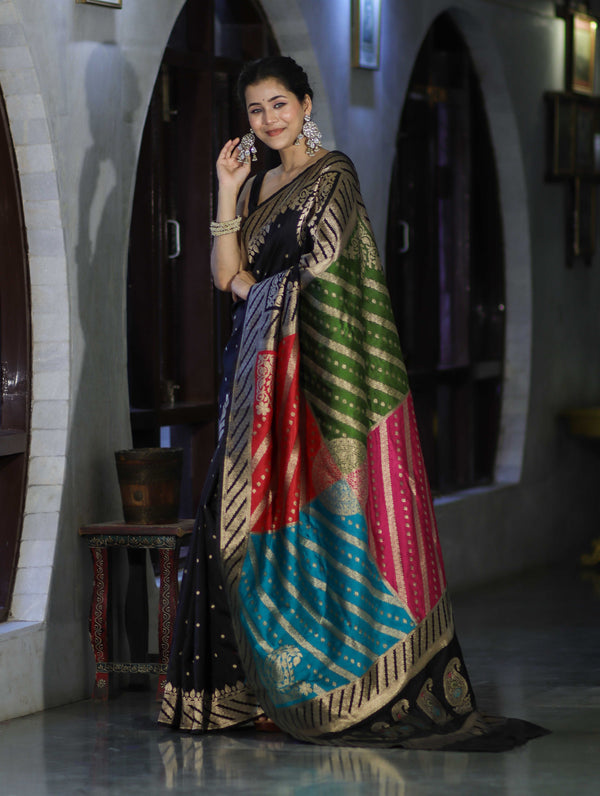Banarasee Semi Katan Saree With Buti Design & Zari Woven Multicolor Pallu-Black