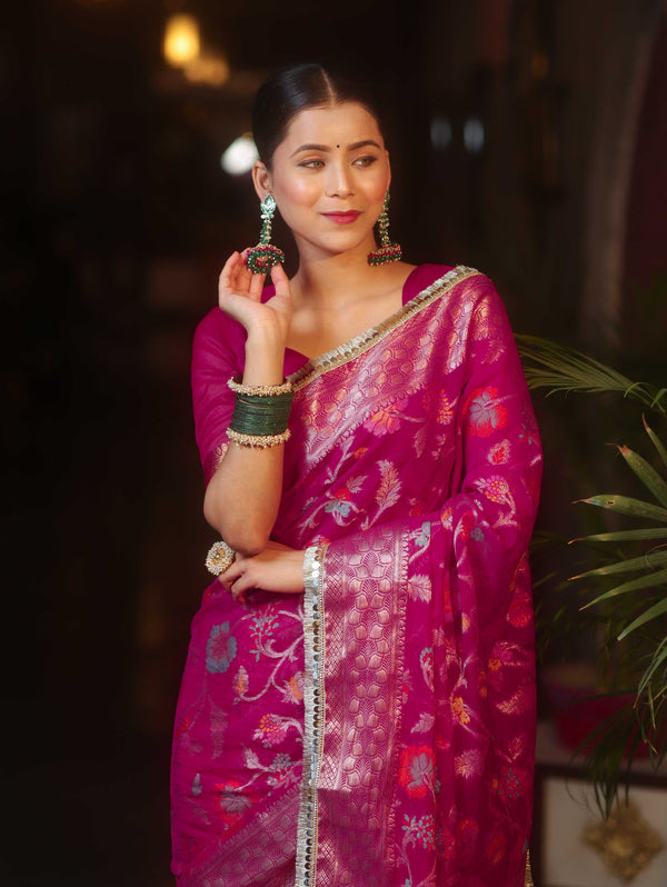 Banarasee Semi-Georgette Saree Meena Jaal Design With Zari Border Design-Pink