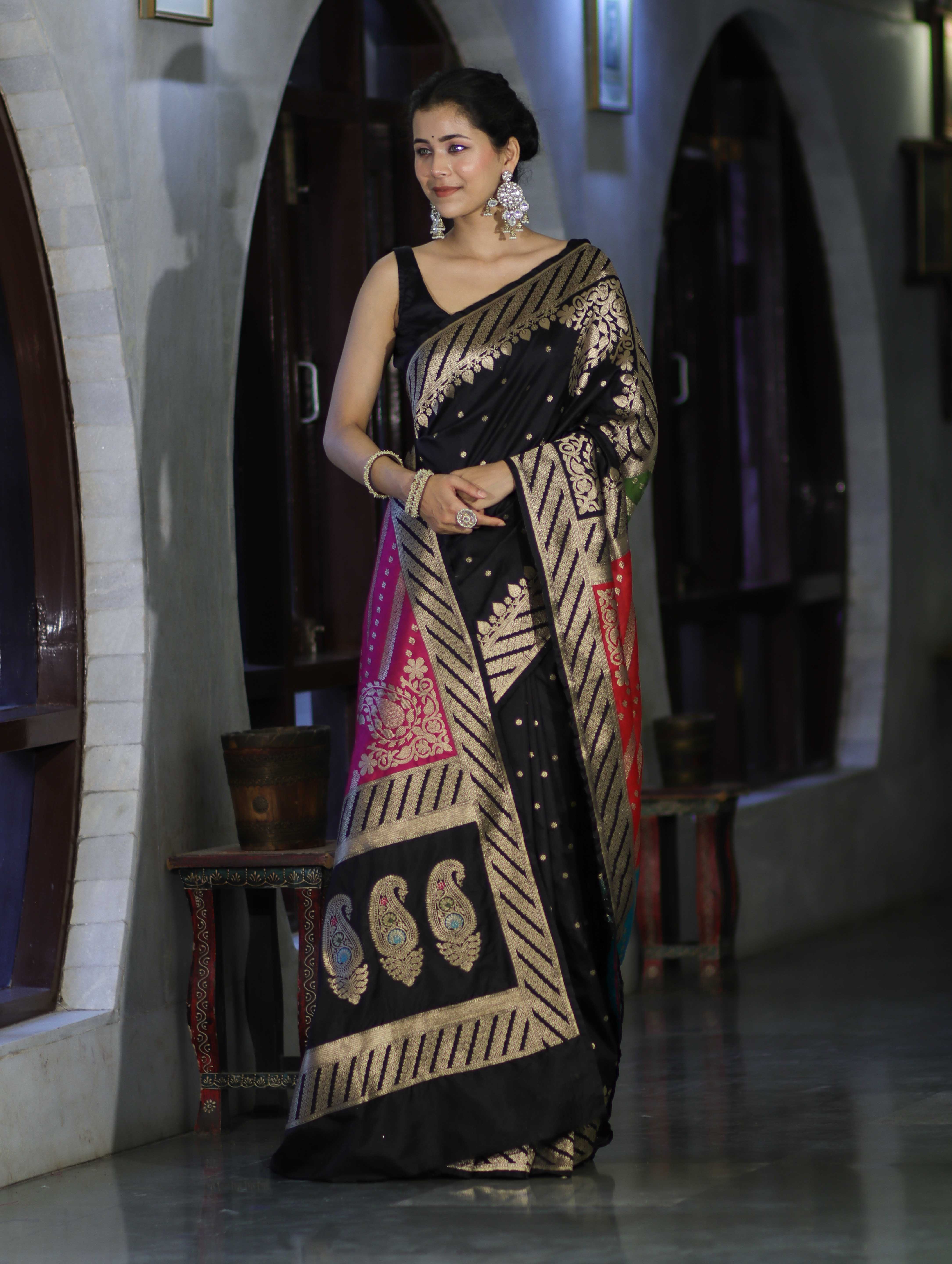 Banarasee Semi Katan Saree With Buti Design & Zari Woven Multicolor Pallu-Black