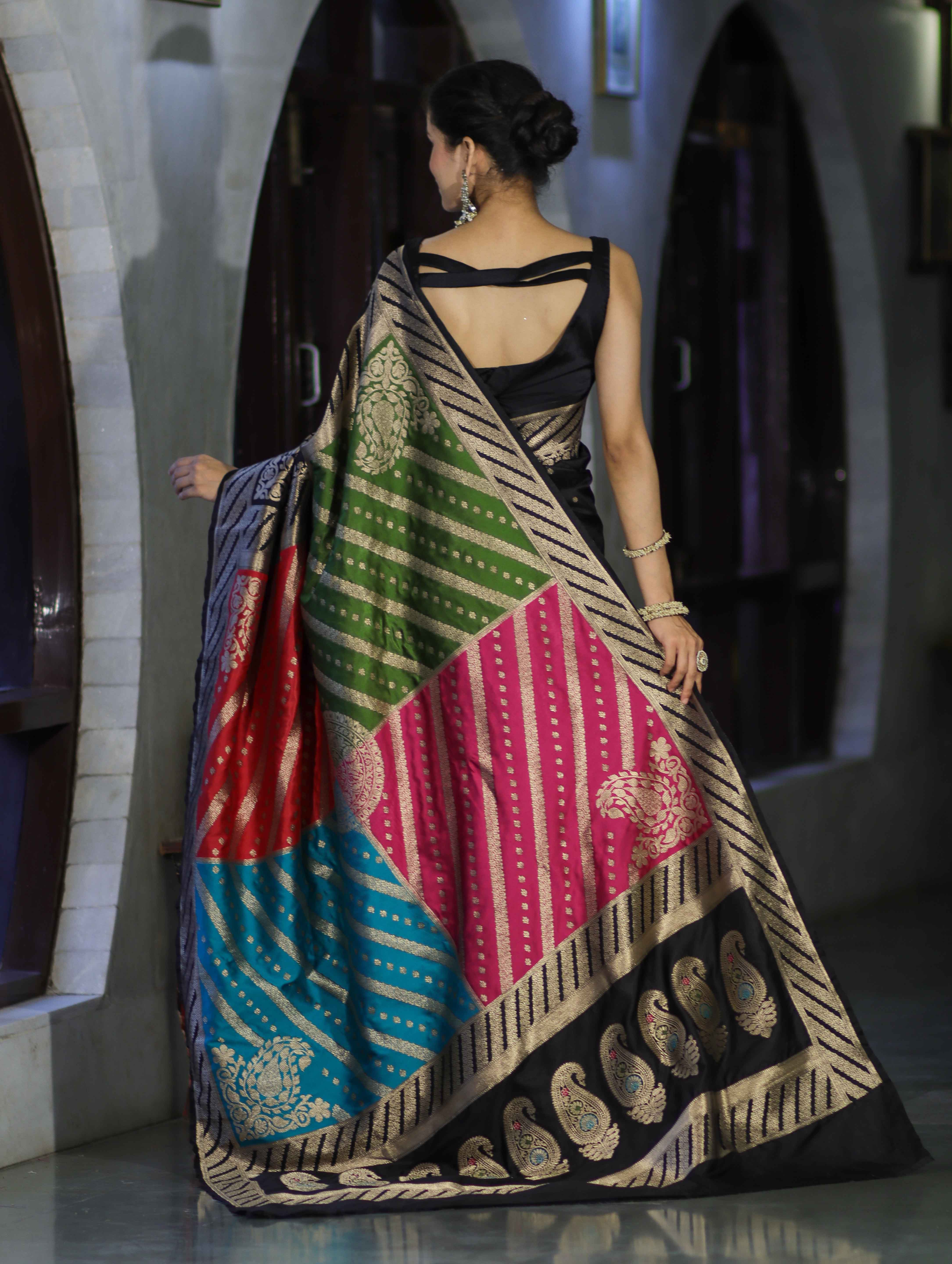 Banarasee Semi Katan Saree With Buti Design & Zari Woven Multicolor Pallu-Black