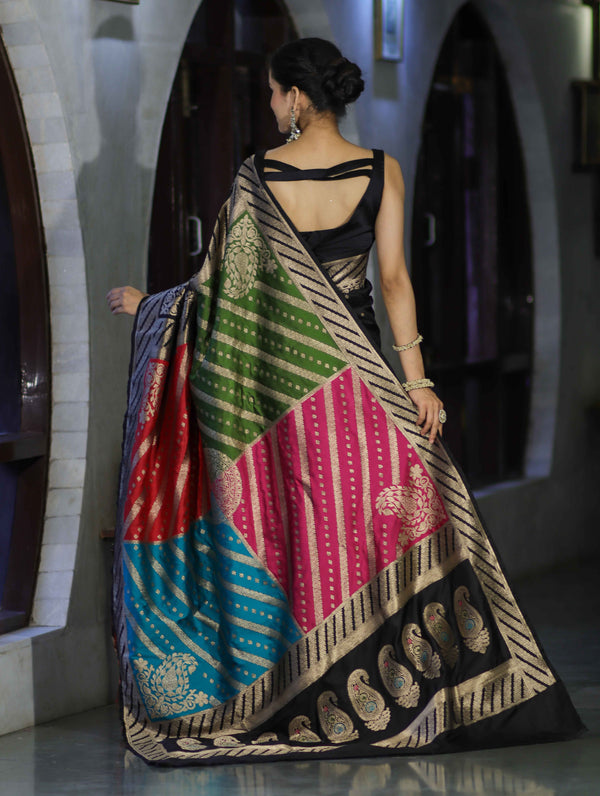 Banarasee Semi Katan Saree With Buti Design & Zari Woven Multicolor Pallu-Black