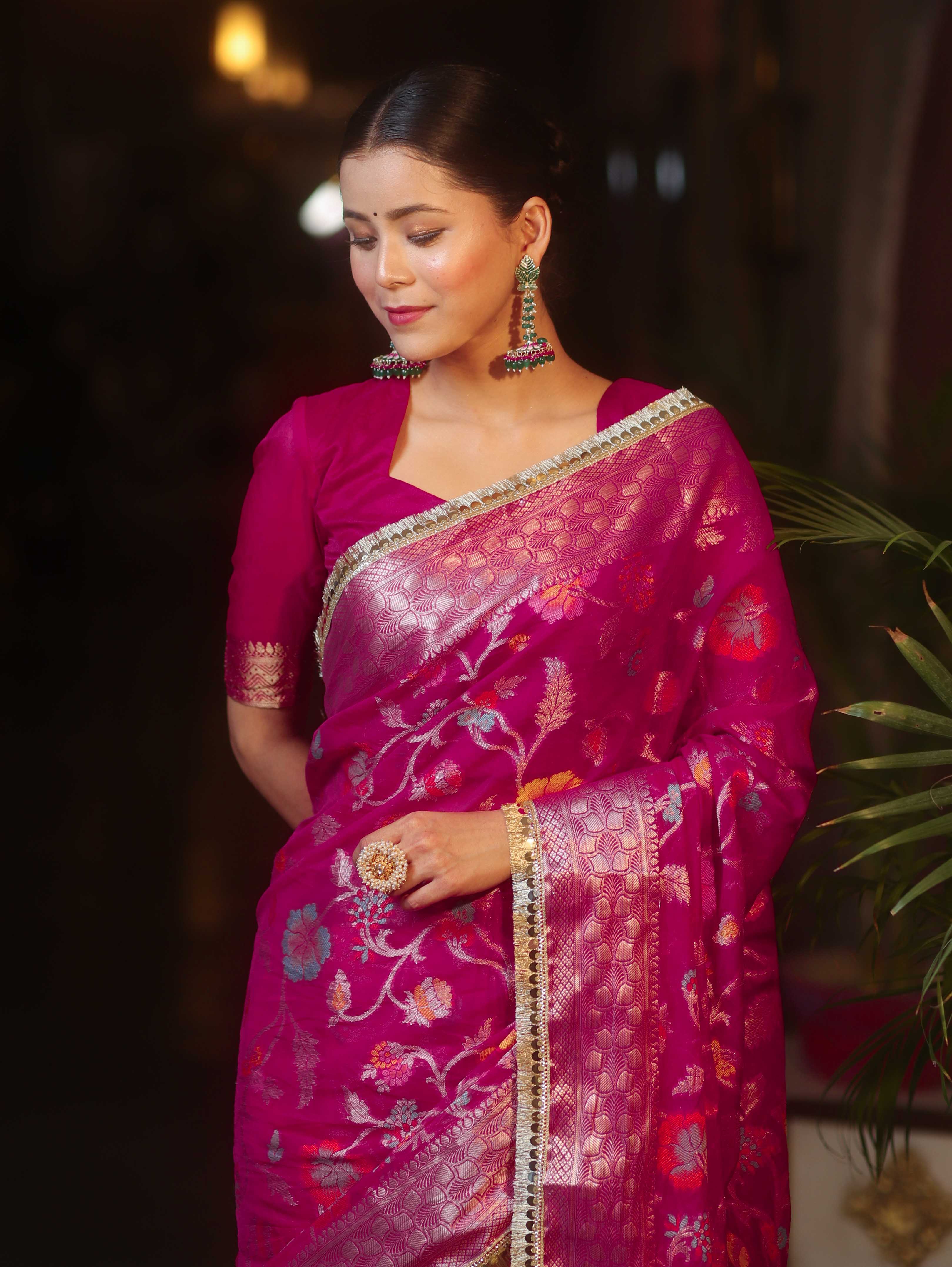 Banarasee Semi-Georgette Saree Meena Jaal Design With Zari Border Design-Pink