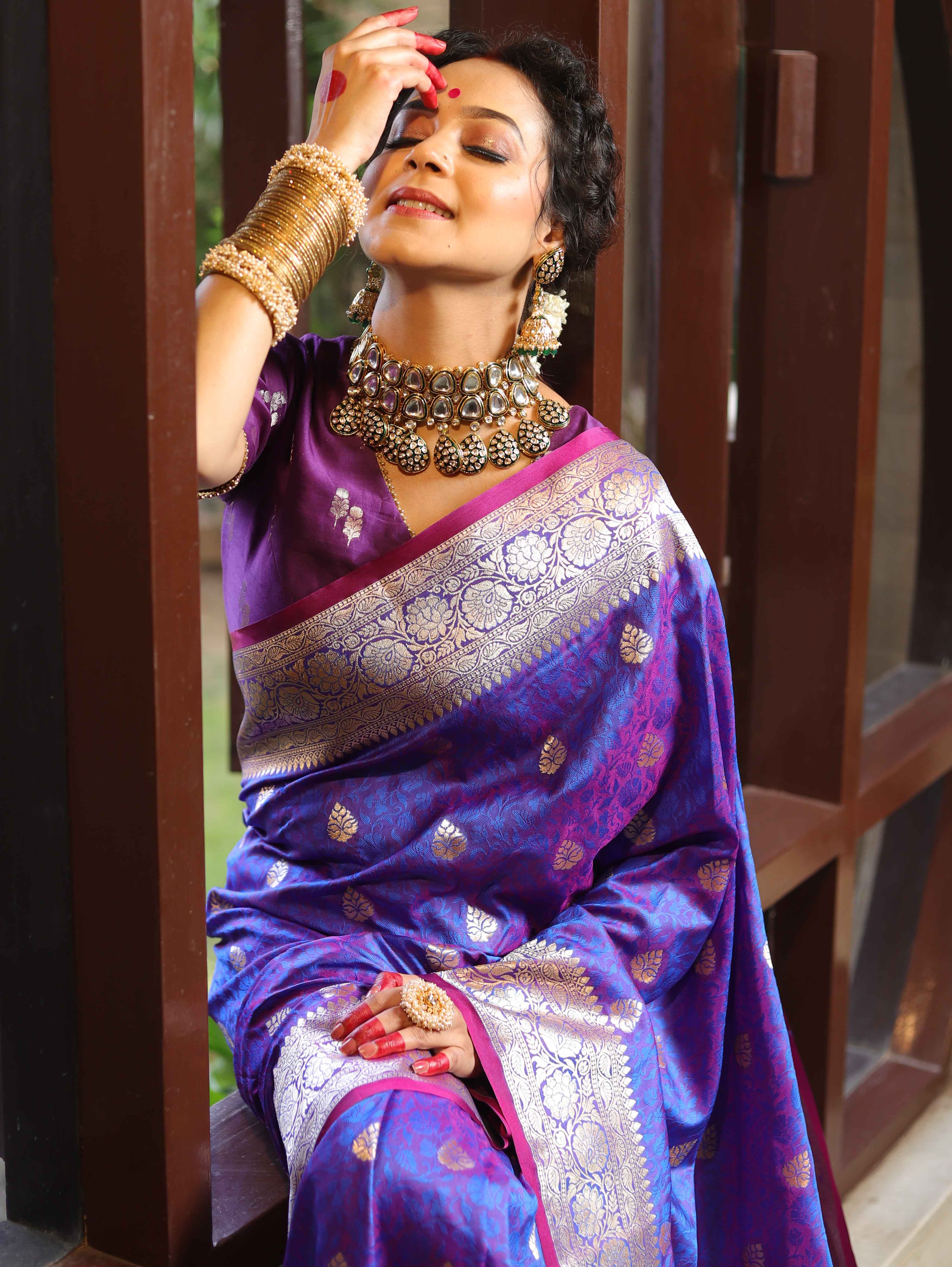 Banarasee Handwoven Semi-Katan Tanchoi Weaving Floral Border Saree-Violet