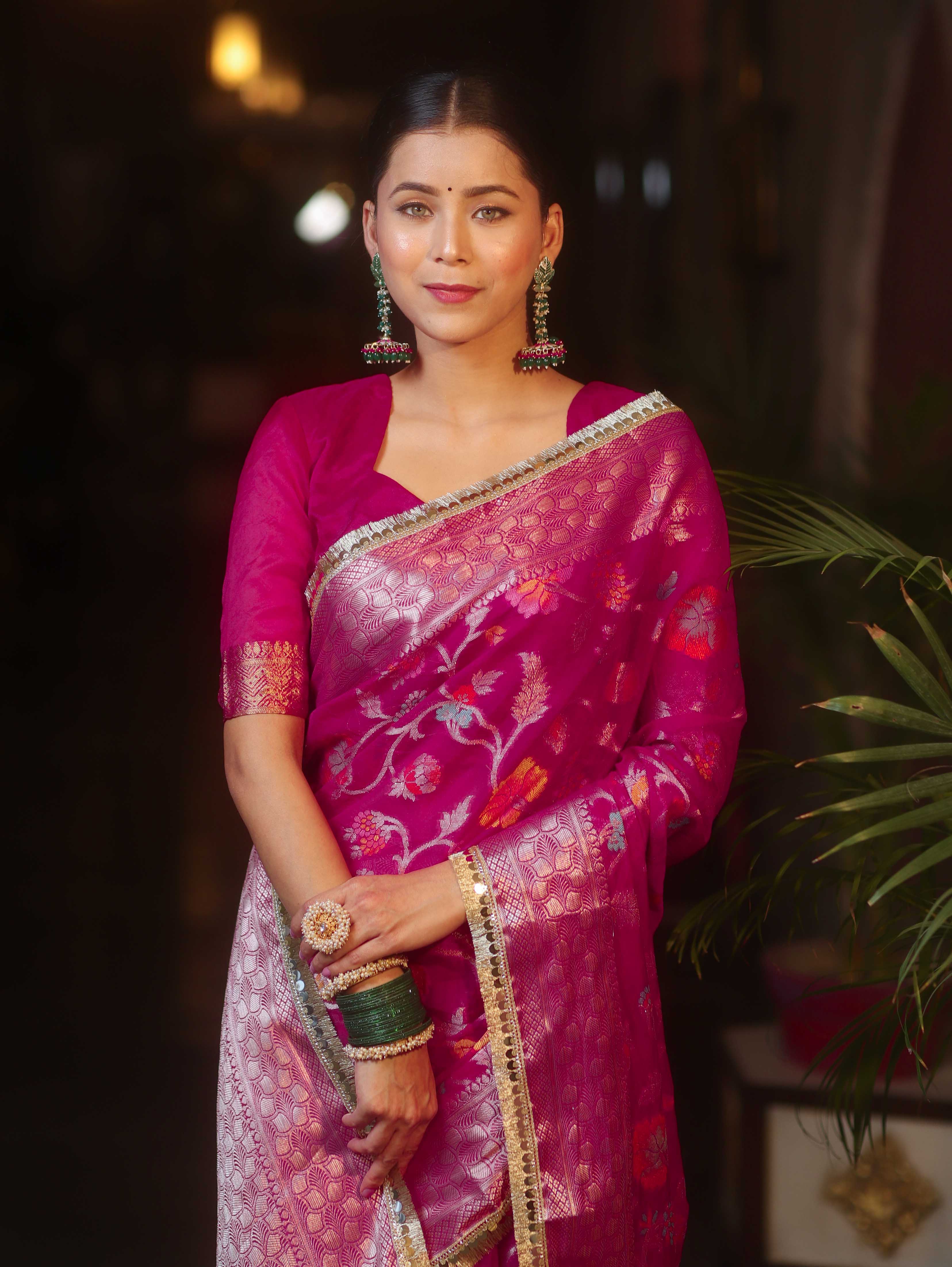 Banarasee Semi-Georgette Saree Meena Jaal Design With Zari Border Design-Pink