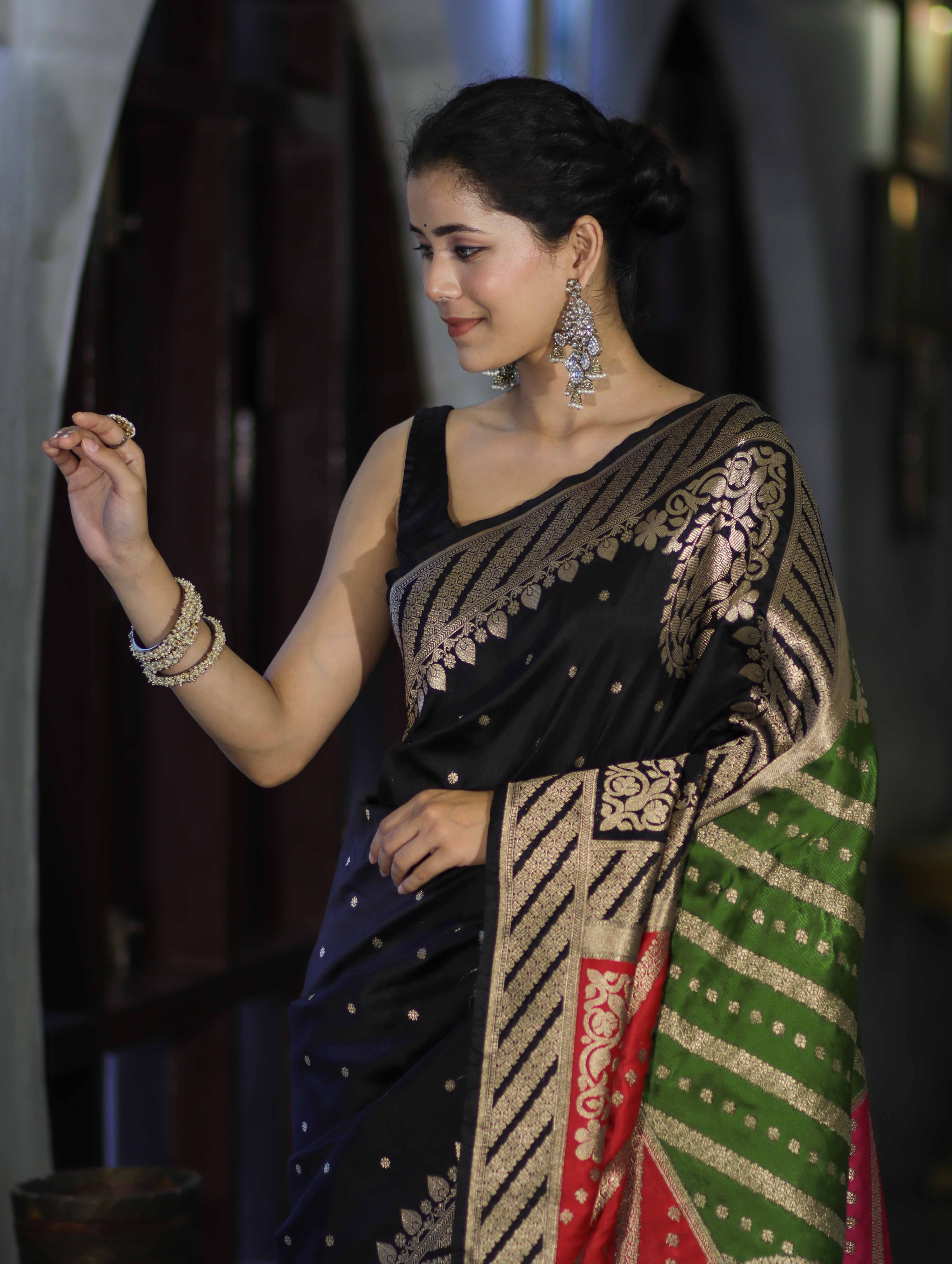 Banarasee Semi Katan Saree With Buti Design & Zari Woven Multicolor Pallu-Black