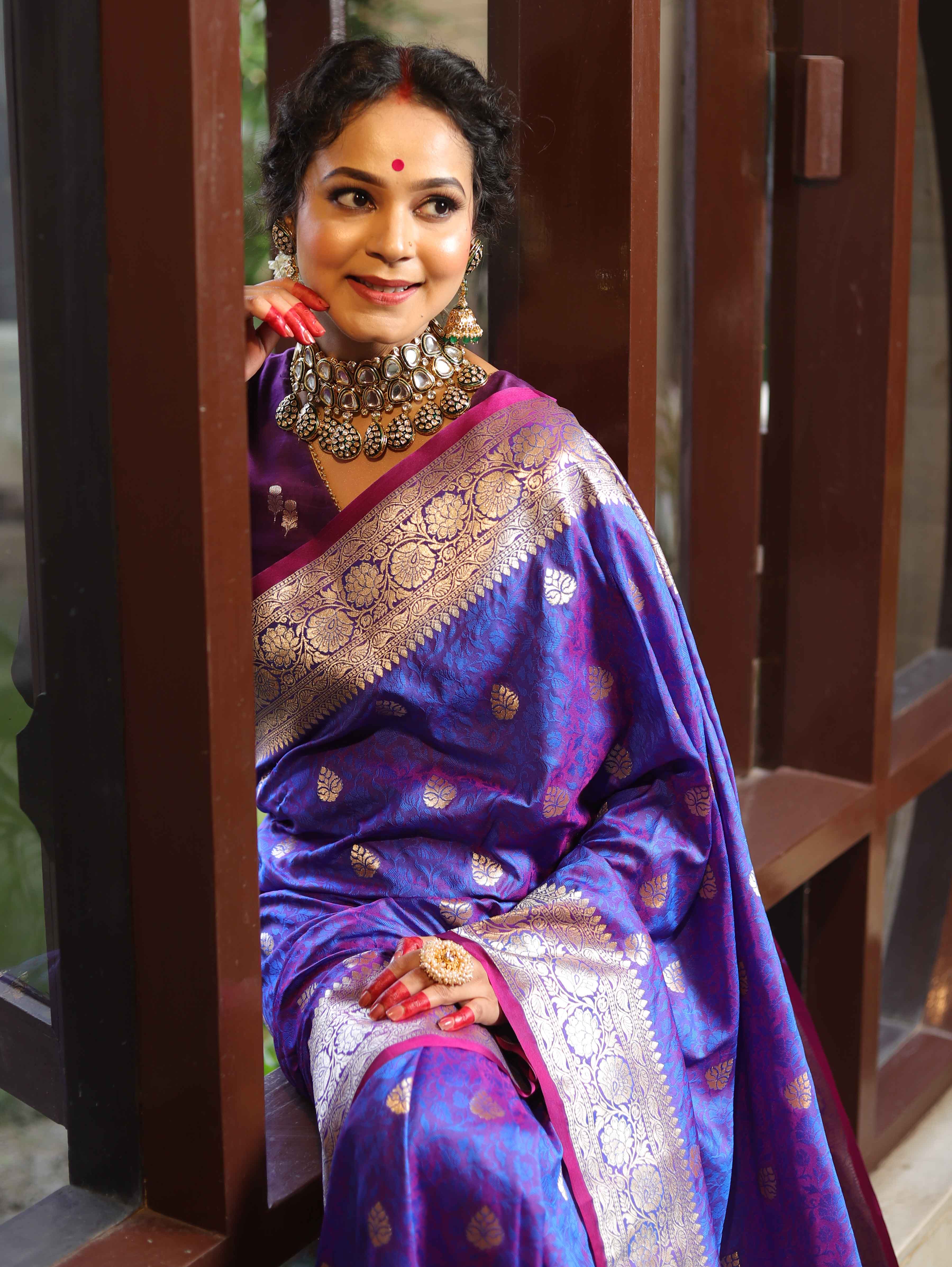 Banarasee Handwoven Semi-Katan Tanchoi Weaving Floral Border Saree-Violet