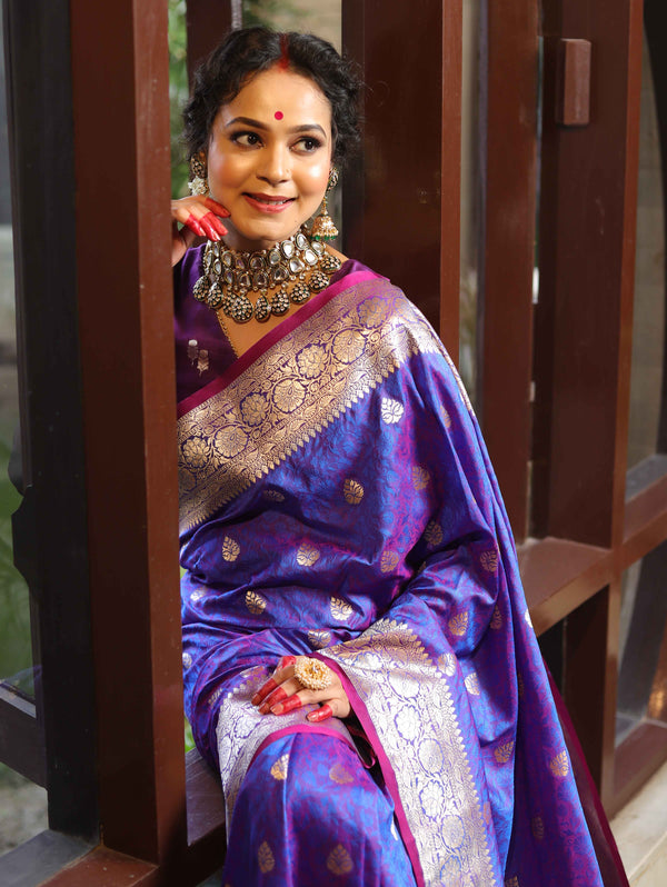 Banarasee Handwoven Semi-Katan Tanchoi Weaving Floral Border Saree-Violet