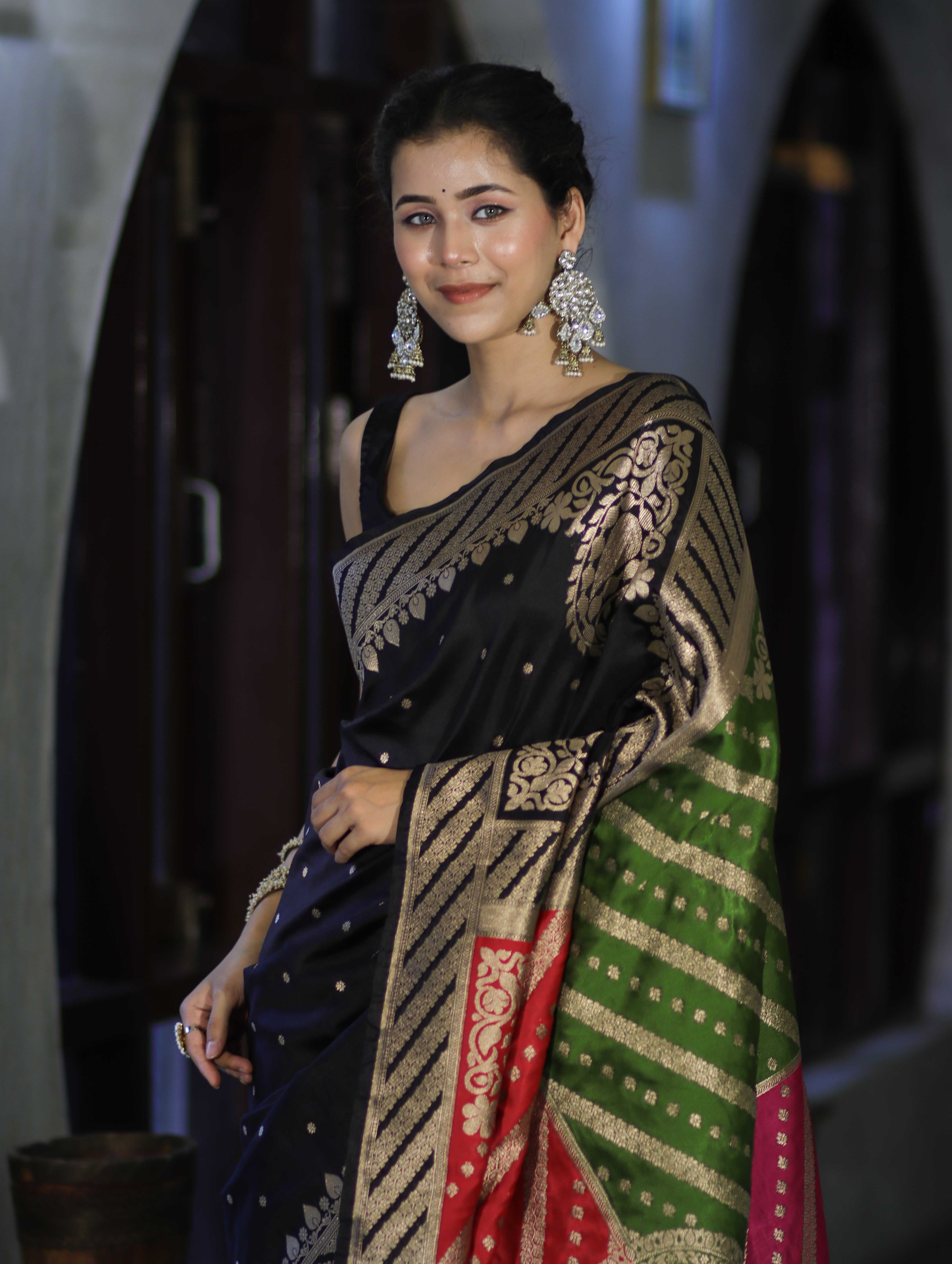 Banarasee Semi Katan Saree With Buti Design & Zari Woven Multicolor Pallu-Black