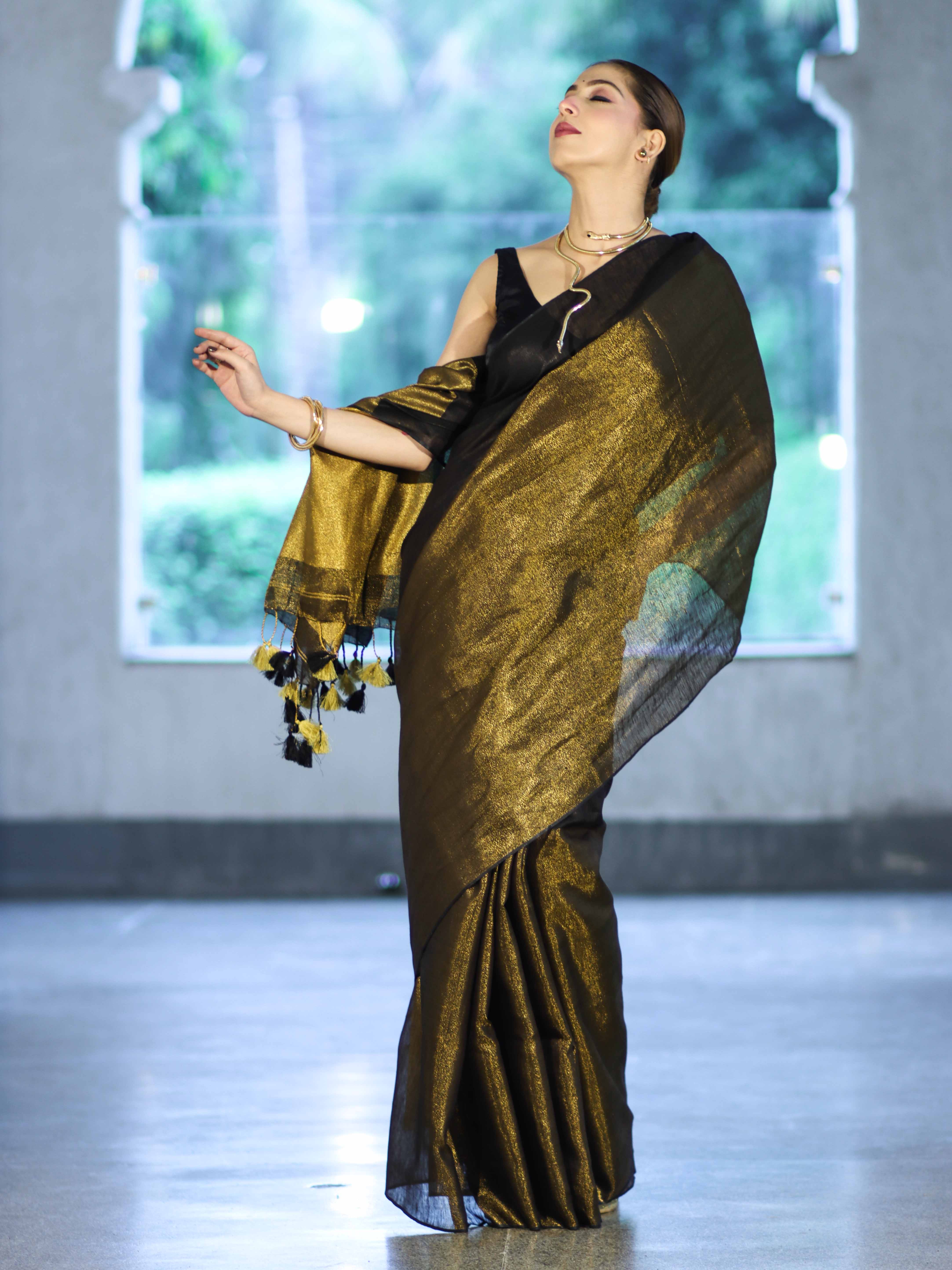 Bhagalpur Handloom Dual Color Linen Tissue Metallic Shine Saree-Black & Gold
