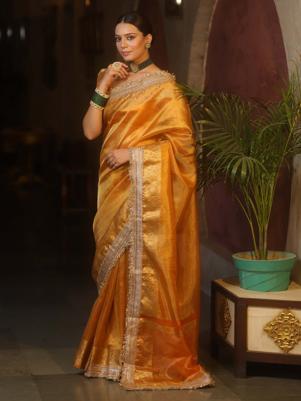 Banarasee Handwoven Plain Tissue Saree With Zari Border & Lace-Gold