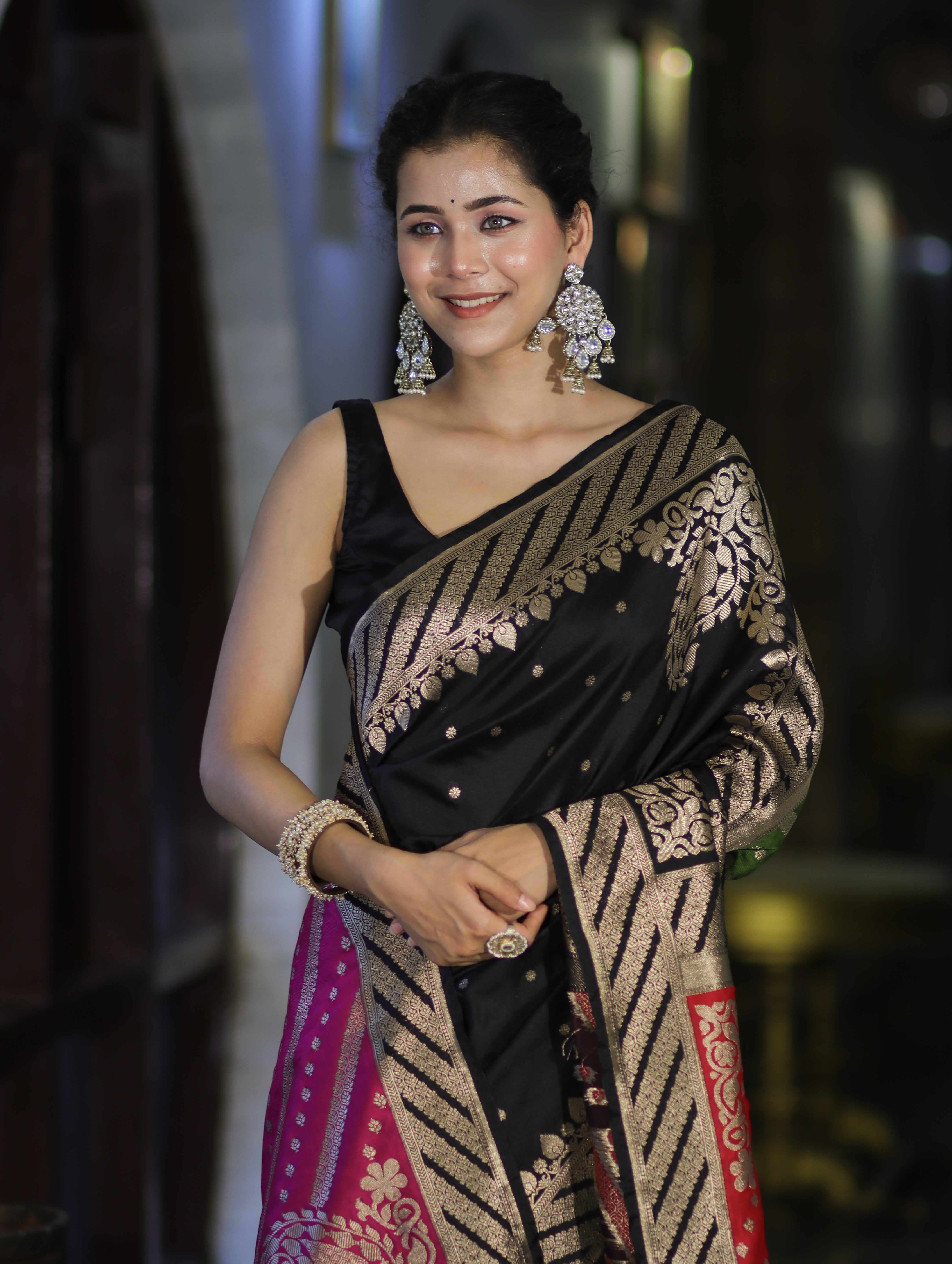 Banarasee Semi Katan Saree With Buti Design & Zari Woven Multicolor Pallu-Black