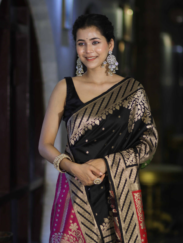 Banarasee Semi Katan Saree With Buti Design & Zari Woven Multicolor Pallu-Black