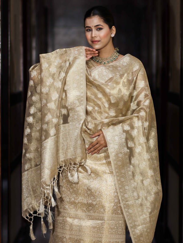Banarasee Tissue Zari Weaving Salwar Kameez Fabric With Dupatta Set-Gold