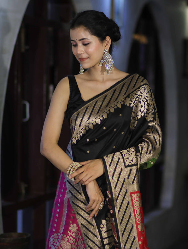 Banarasee Semi Katan Saree With Buti Design & Zari Woven Multicolor Pallu-Black