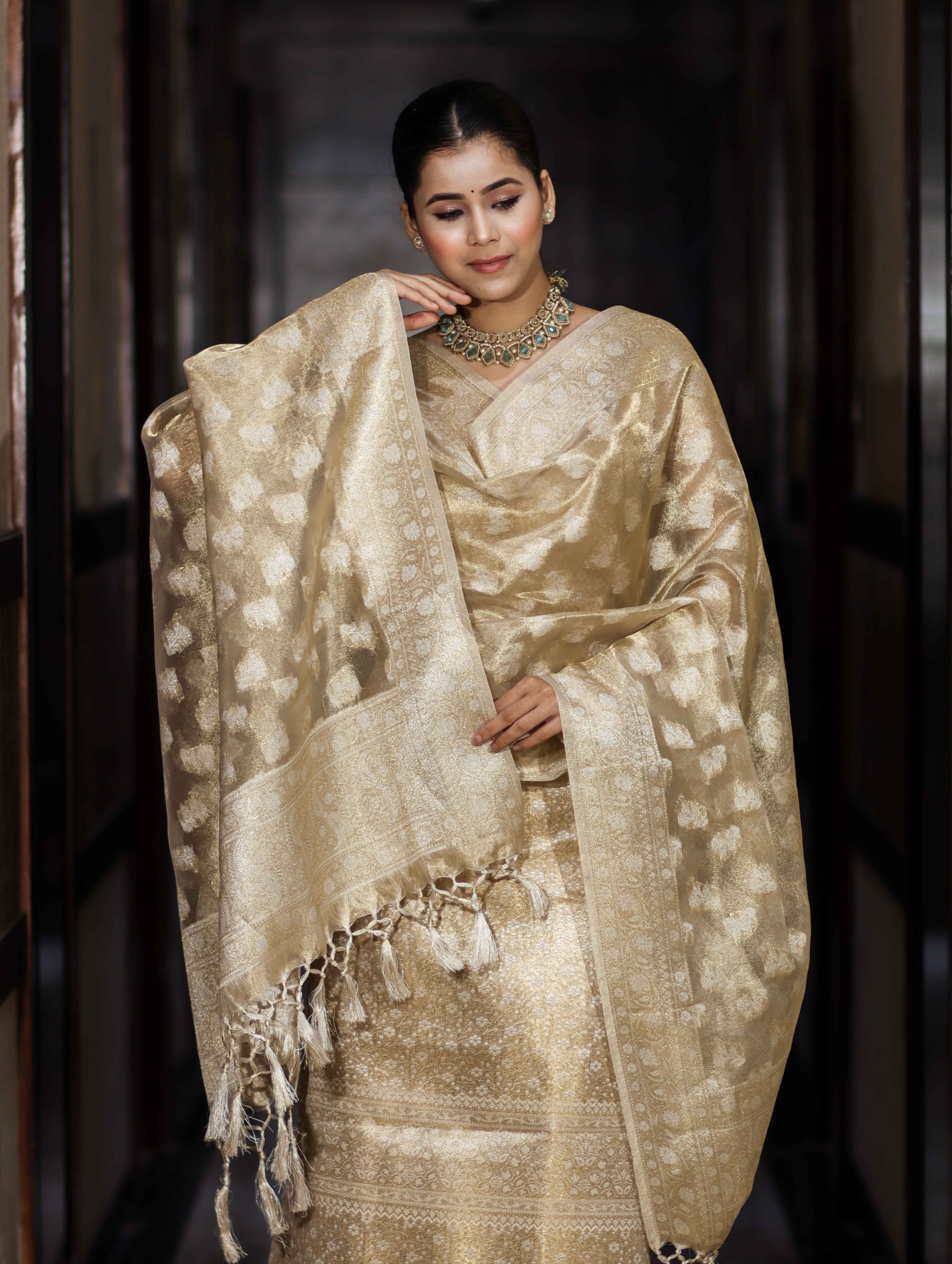 Banarasee Tissue Zari Weaving Salwar Kameez Fabric With Dupatta Set-Gold
