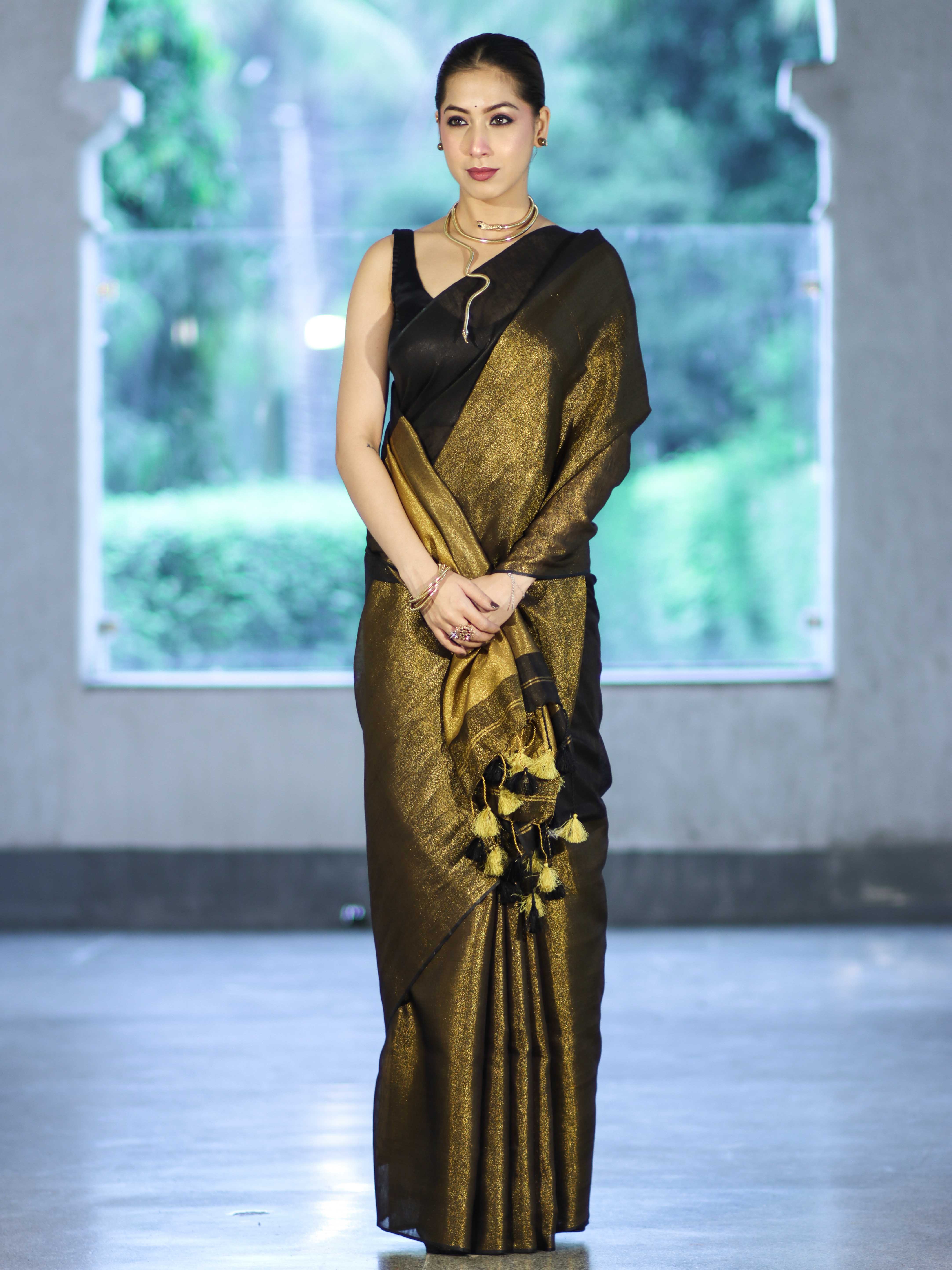 Bhagalpur Handloom Dual Color Linen Tissue Metallic Shine Saree-Black & Gold