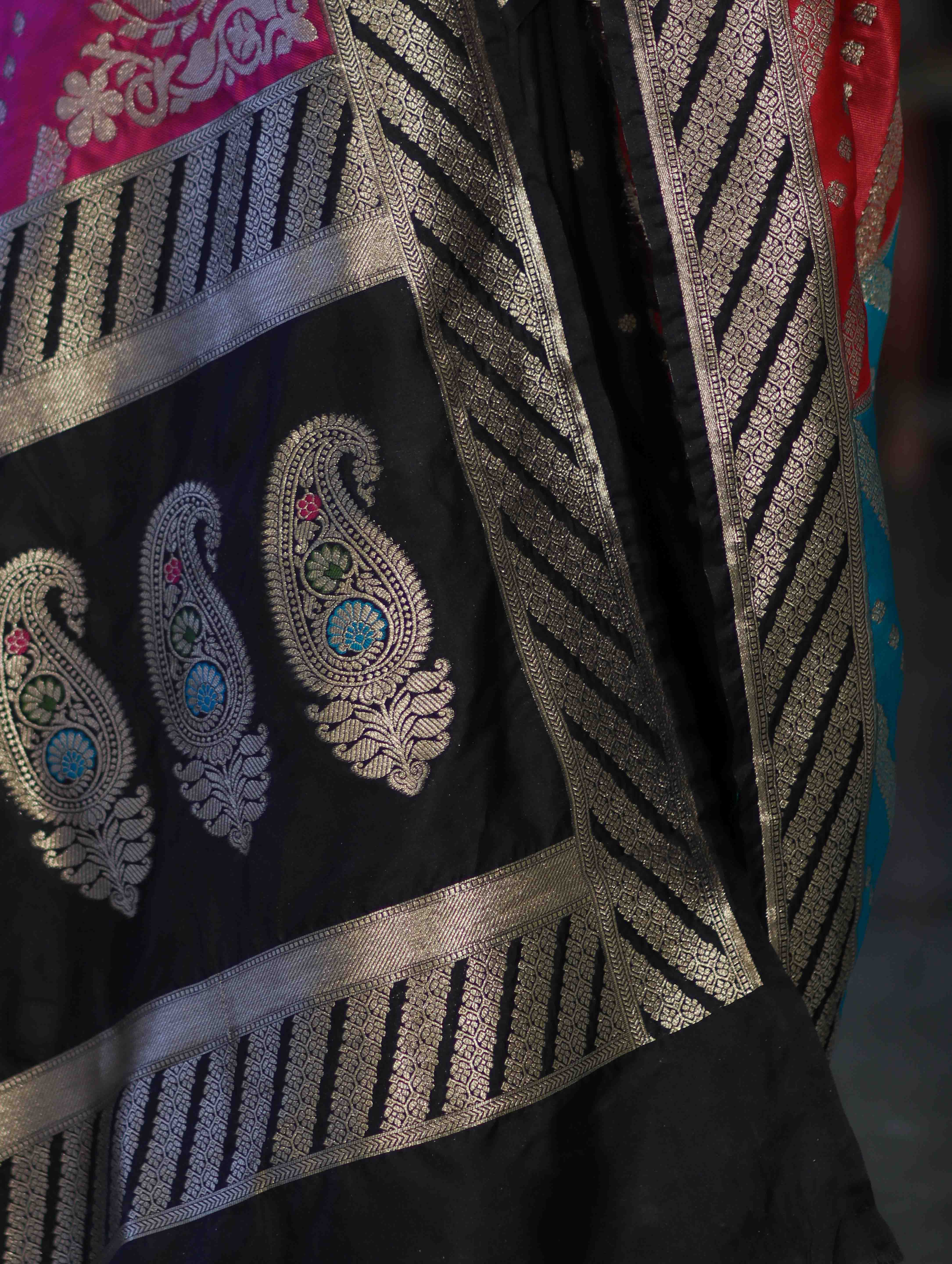 Banarasee Semi Katan Saree With Buti Design & Zari Woven Multicolor Pallu-Black