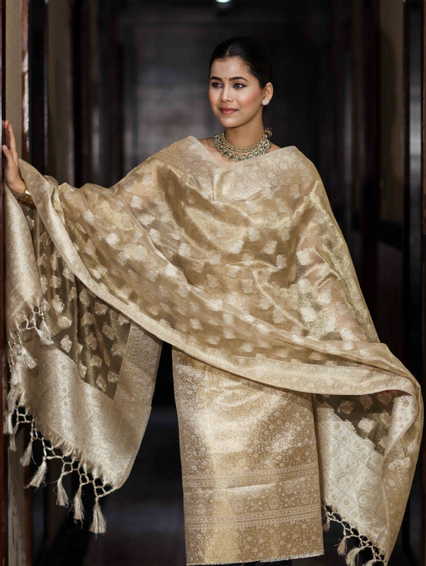 Banarasee Tissue Zari Weaving Salwar Kameez Fabric With Dupatta Set-Gold