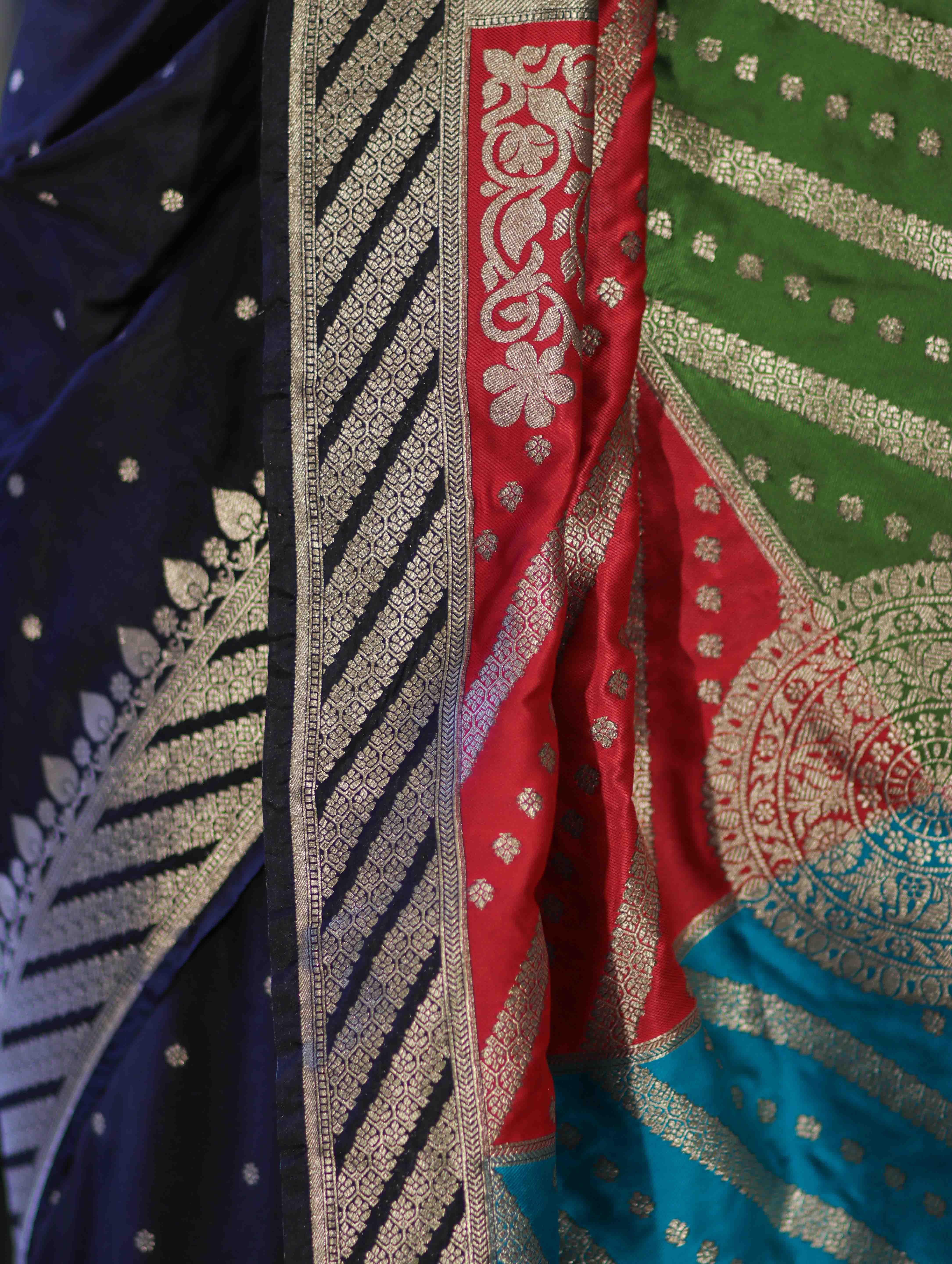 Banarasee Semi Katan Saree With Buti Design & Zari Woven Multicolor Pallu-Black
