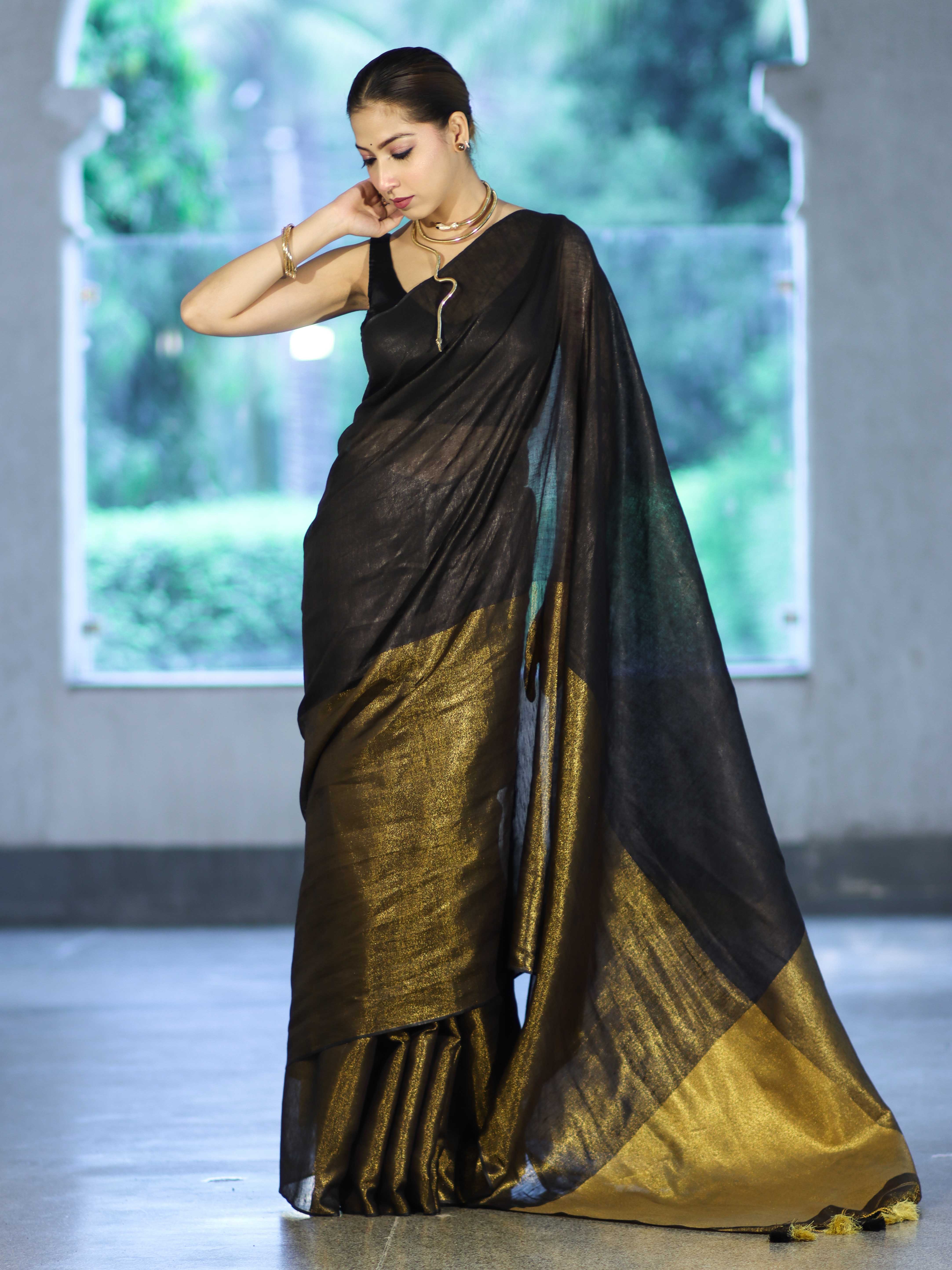 Bhagalpur Handloom Dual Color Linen Tissue Metallic Shine Saree-Black & Gold