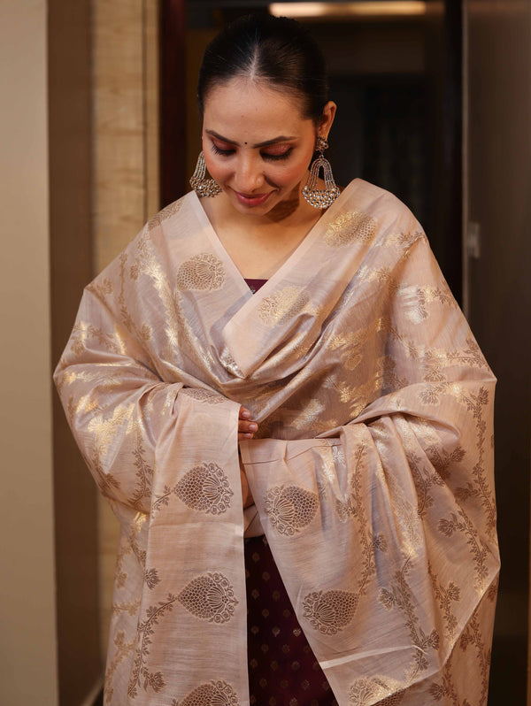 Banarasee Cotton Silk Zari Buti Salwar Kameez Fabric With Contrast Dupatta Set-Burgundy & Beige