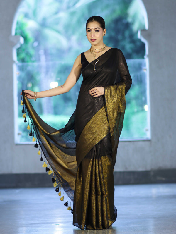 Bhagalpur Handloom Dual Color Linen Tissue Metallic Shine Saree-Black & Gold