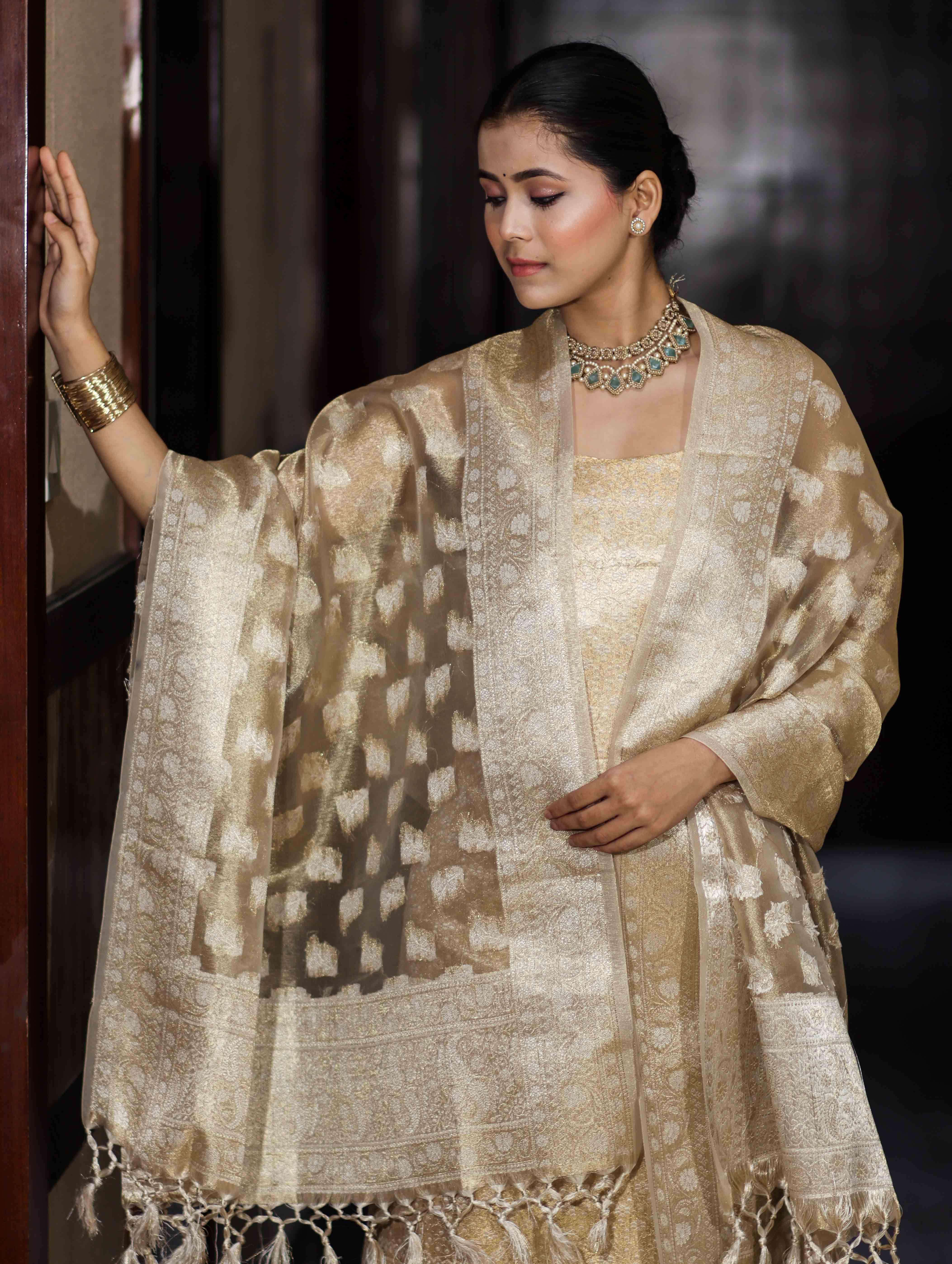 Banarasee Tissue Zari Weaving Salwar Kameez Fabric With Dupatta Set-Gold