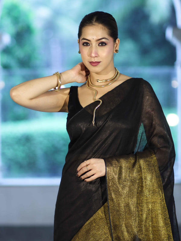 Bhagalpur Handloom Dual Color Linen Tissue Metallic Shine Saree-Black & Gold