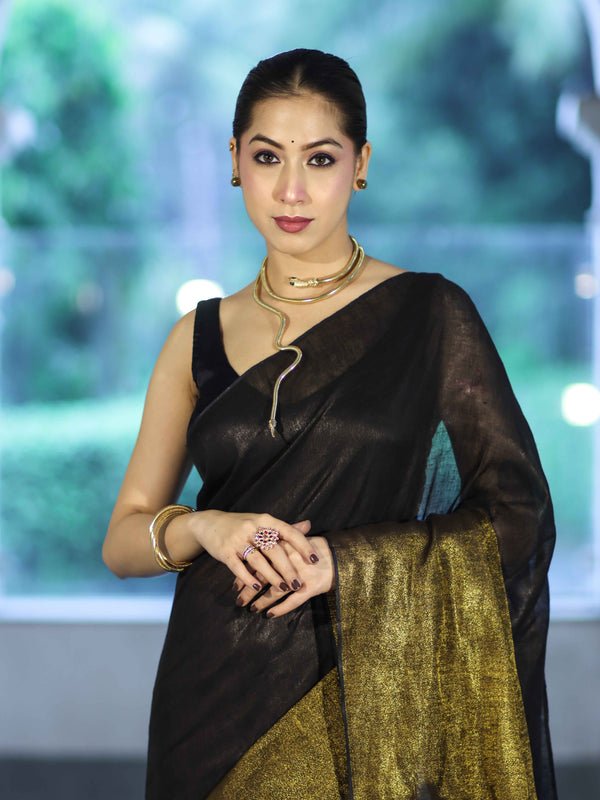 Bhagalpur Handloom Dual Color Linen Tissue Metallic Shine Saree-Black & Gold
