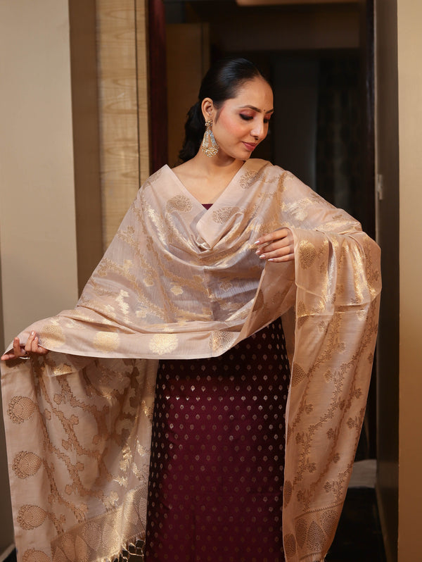 Banarasee Cotton Silk Zari Buti Salwar Kameez Fabric With Contrast Dupatta Set-Burgundy & Beige
