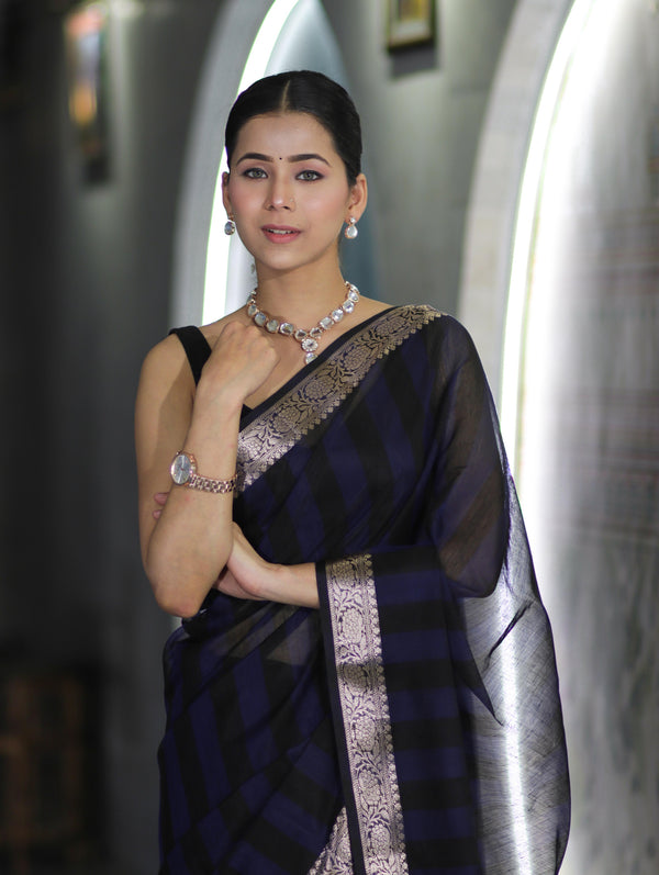 Banarasee Cotton Silk Saree With Stripes Pattern & Floral Zari Border-Blue & Black