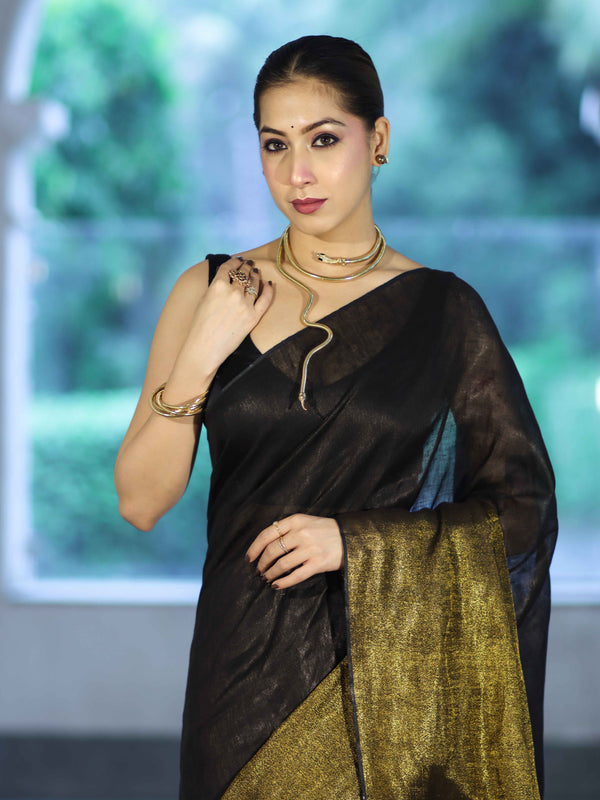 Bhagalpur Handloom Dual Color Linen Tissue Metallic Shine Saree-Black & Gold