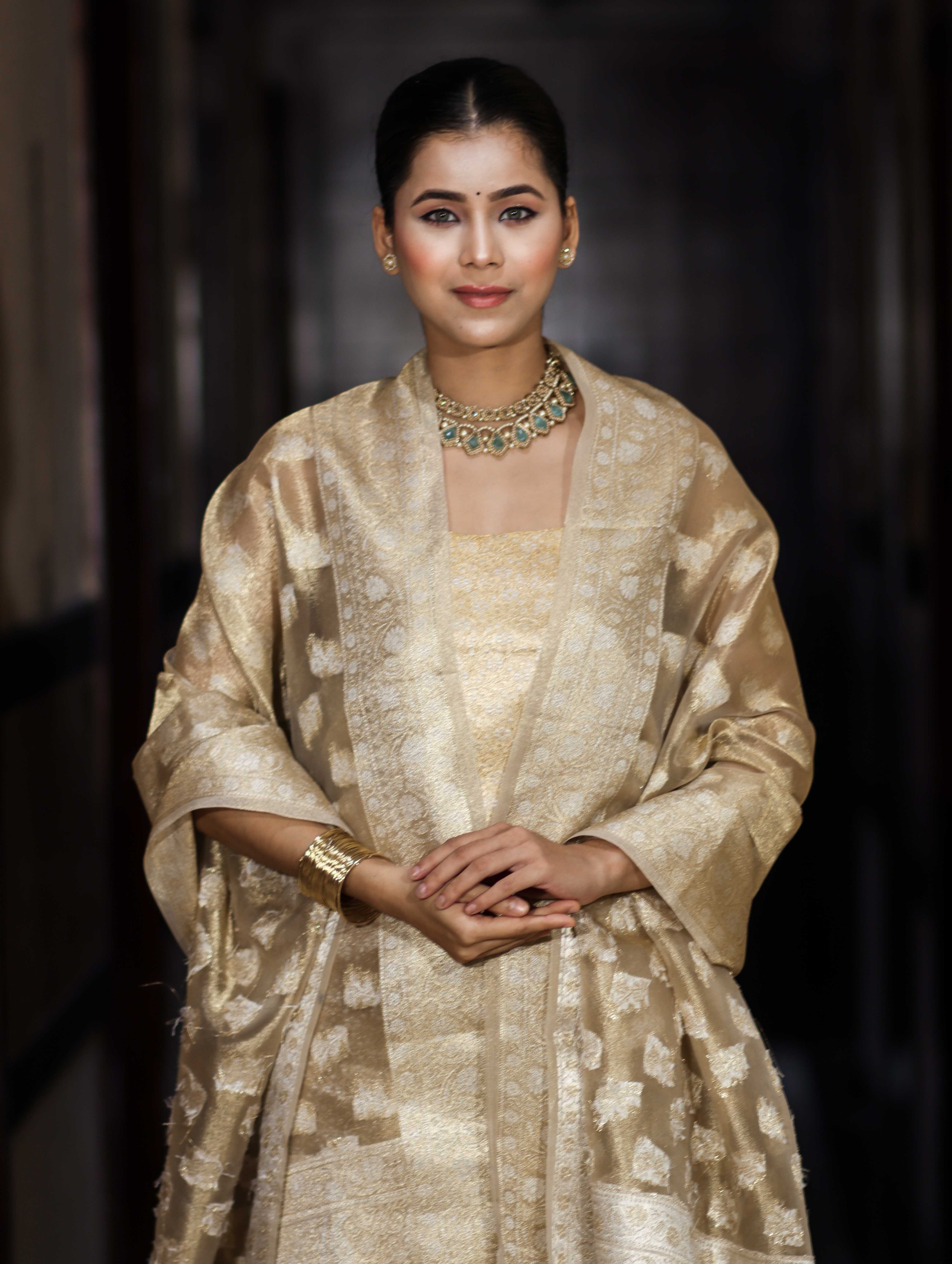 Banarasee Tissue Zari Weaving Salwar Kameez Fabric With Dupatta Set-Gold