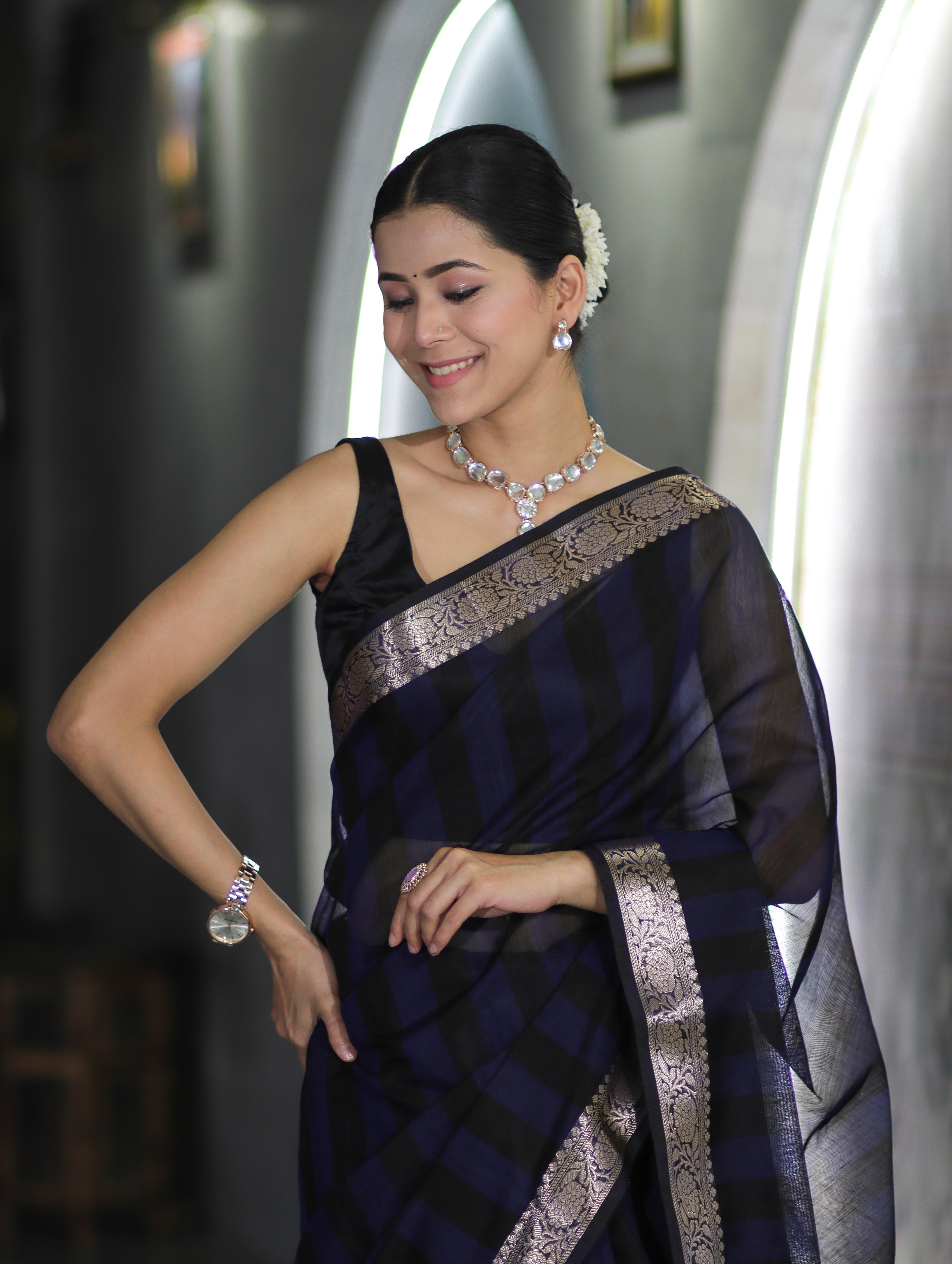 Banarasee Cotton Silk Saree With Stripes Pattern & Floral Zari Border-Blue & Black