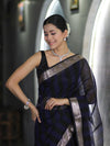 Banarasee Cotton Silk Saree With Stripes Pattern & Floral Zari Border-Blue & Black