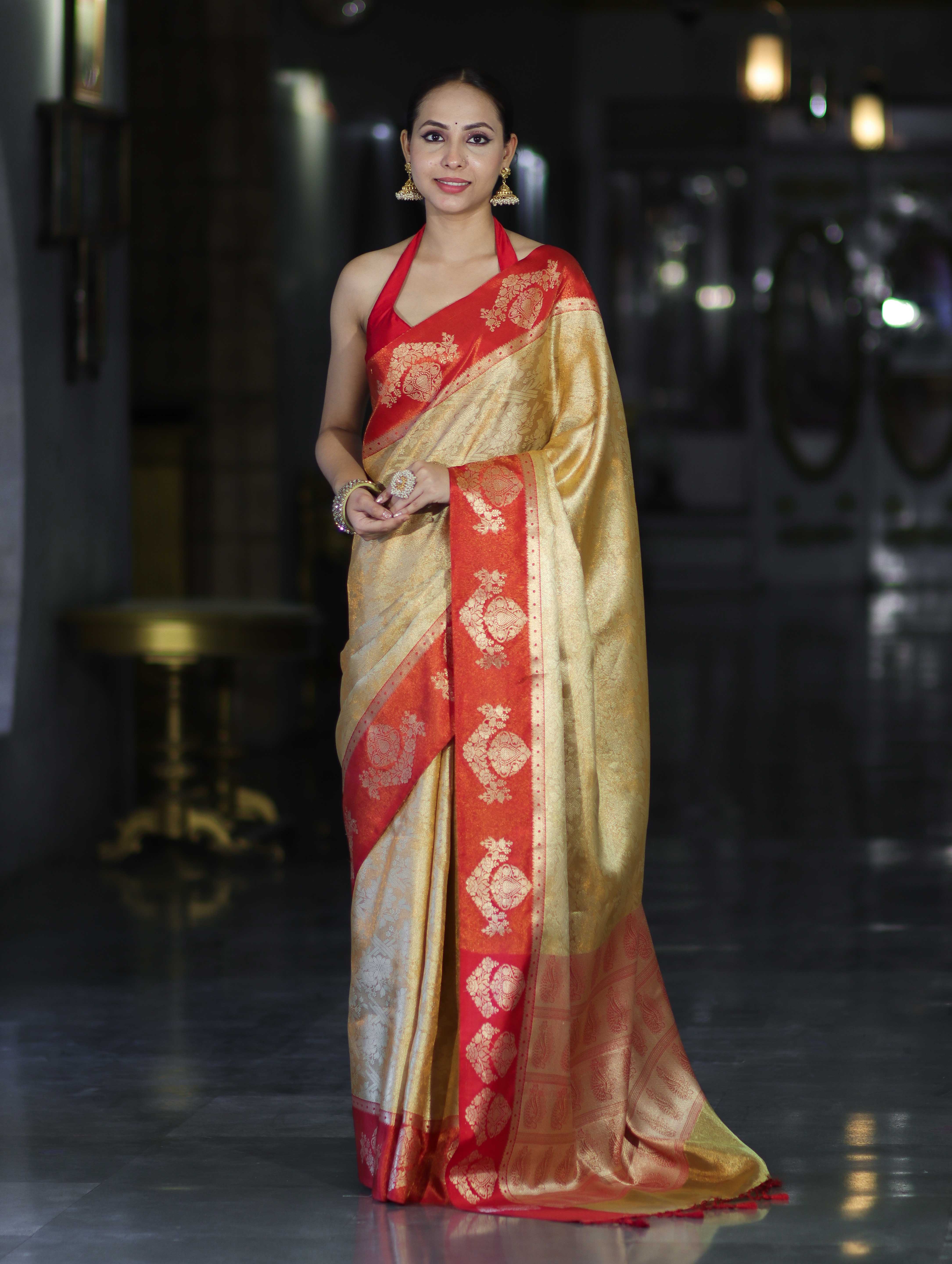 Banarasee Handloom Zari Woven Tissue Saree With Contrast Satin Border-Gold & Red