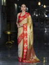 Banarasee Handloom Zari Woven Tissue Saree With Contrast Satin Border-Gold & Red