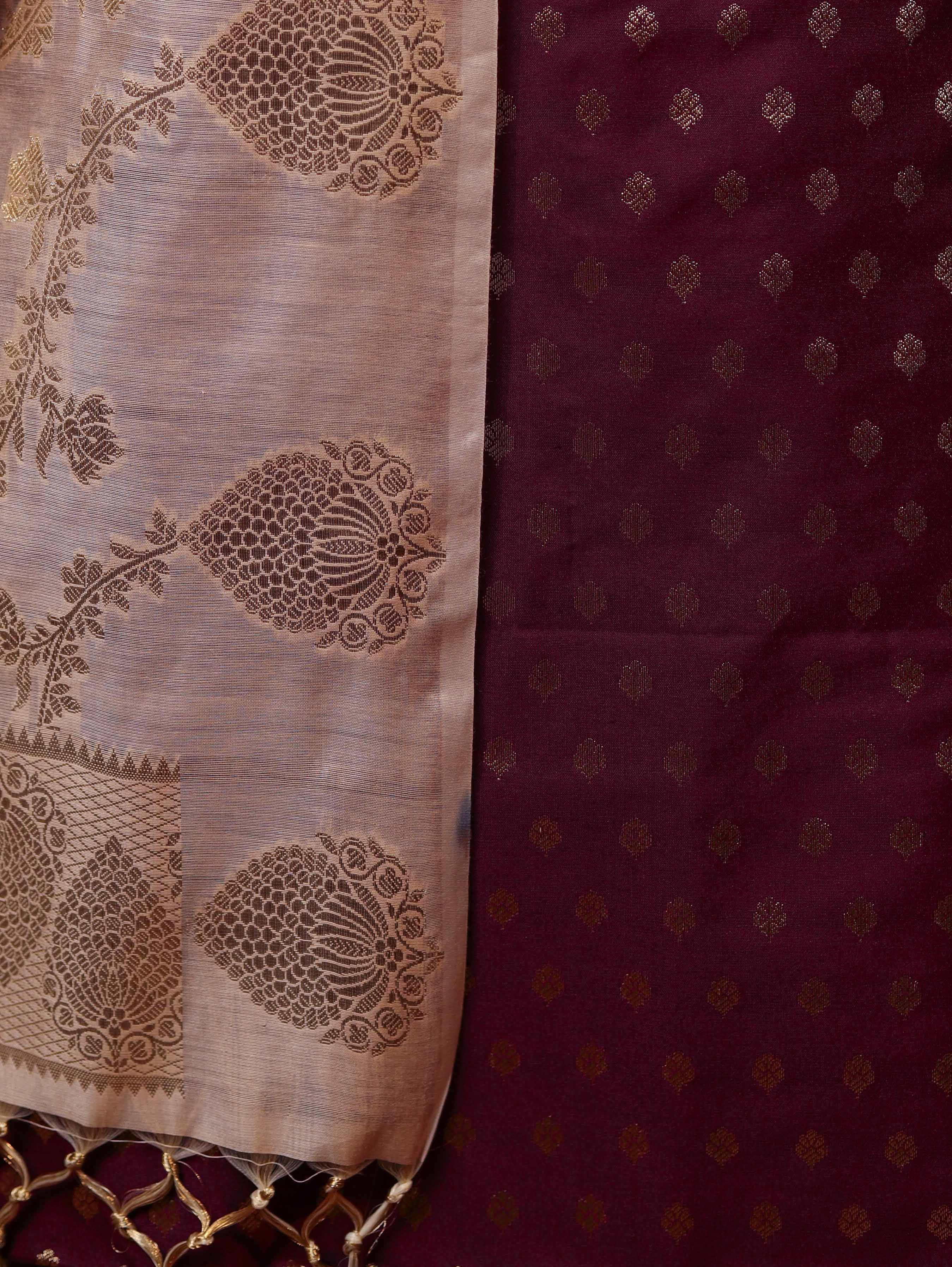 Banarasee Cotton Silk Zari Buti Salwar Kameez Fabric With Contrast Dupatta Set-Burgundy & Beige