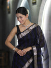 Banarasee Cotton Silk Saree With Stripes Pattern & Floral Zari Border-Blue & Black