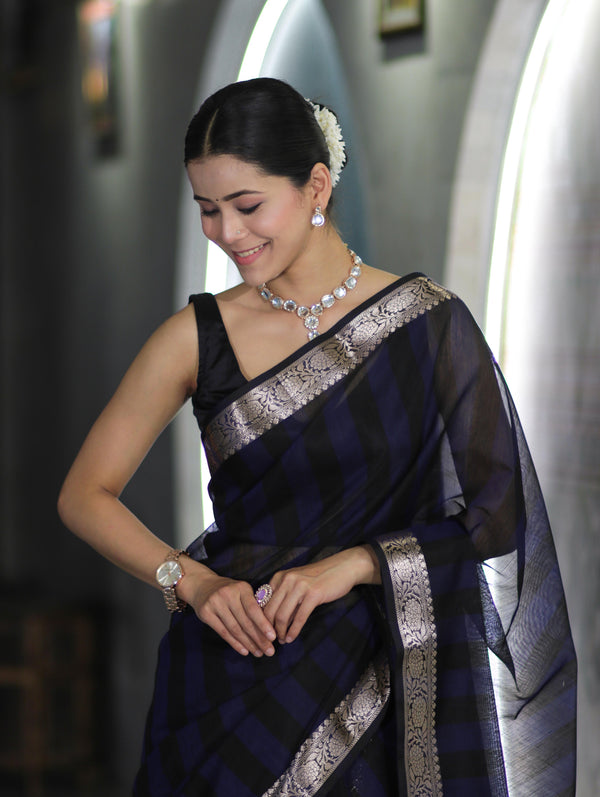 Banarasee Cotton Silk Saree With Stripes Pattern & Floral Zari Border-Blue & Black