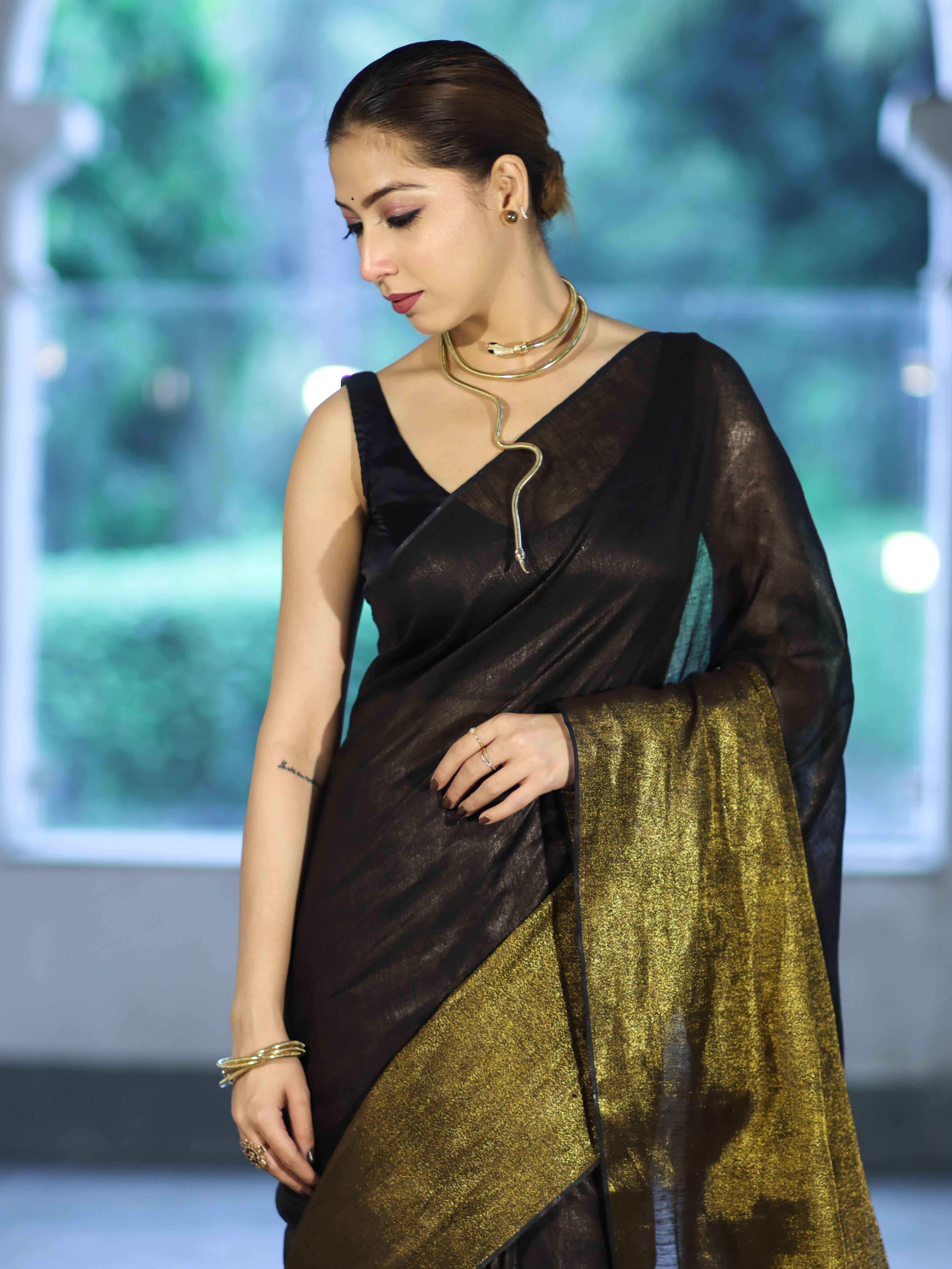 Bhagalpur Handloom Dual Color Linen Tissue Metallic Shine Saree-Black & Gold