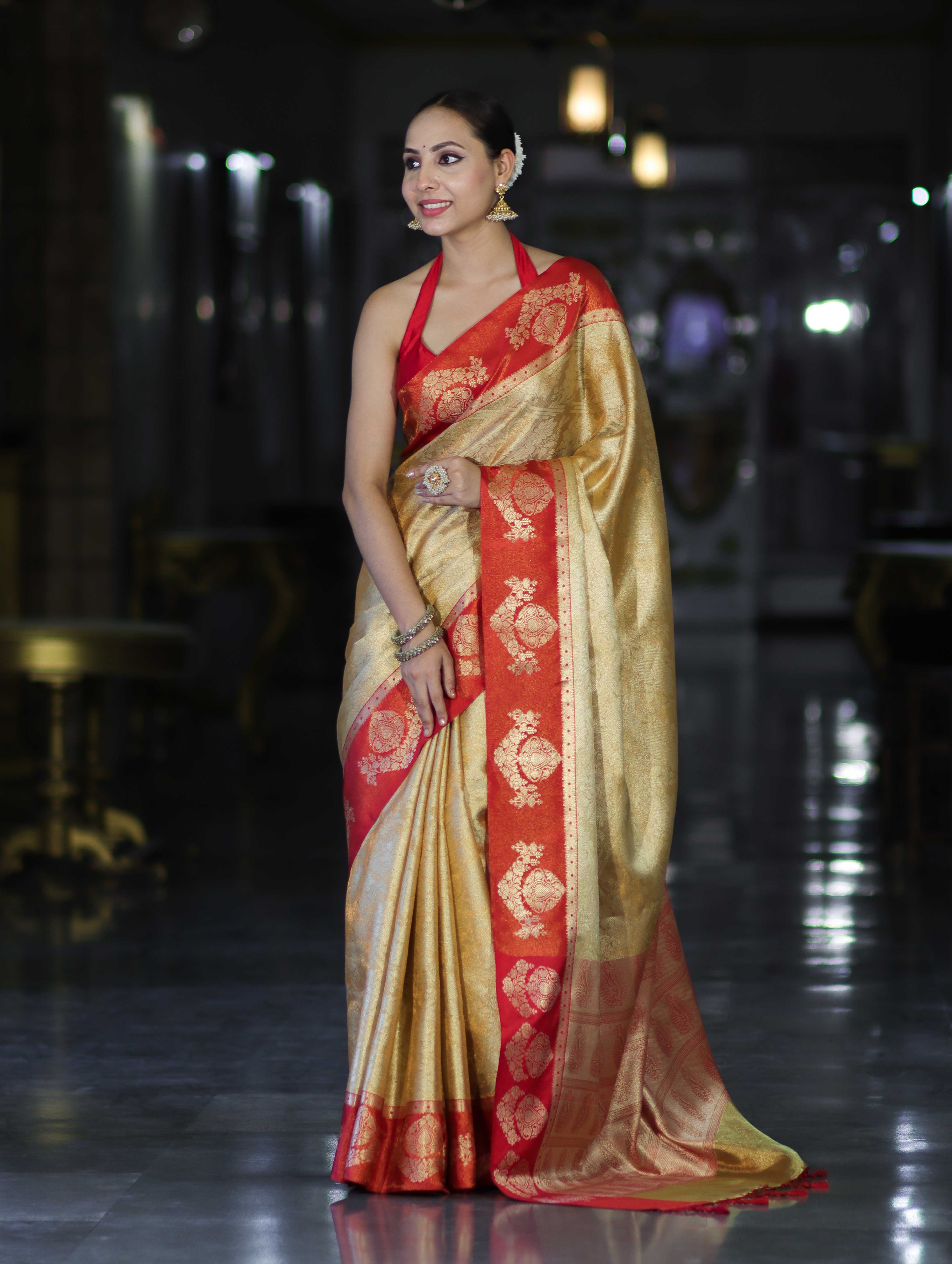Banarasee Handloom Zari Woven Tissue Saree With Contrast Satin Border-Gold & Red