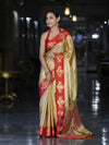 Banarasee Handloom Zari Woven Tissue Saree With Contrast Satin Border-Gold & Red