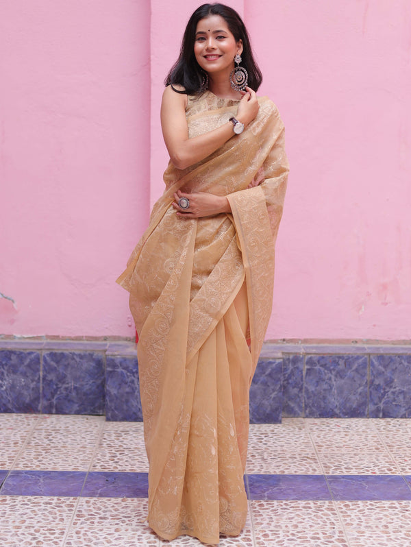 Banarasee Handwoven Super Net Embroidered Saree-Beige